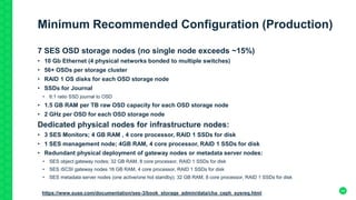 44
Minimum Recommended Configuration (Production)
7 SES OSD storage nodes (no single node exceeds ~15%)
• 10 Gb Ethernet (4 physical networks bonded to multiple switches)
• 56+ OSDs per storage cluster
• RAID 1 OS disks for each OSD storage node
• SSDs for Journal
• 6:1 ratio SSD journal to OSD
• 1.5 GB RAM per TB raw OSD capacity for each OSD storage node
• 2 GHz per OSD for each OSD storage node
Dedicated physical nodes for infrastructure nodes:
• 3 SES Monitors; 4 GB RAM , 4 core processor, RAID 1 SSDs for disk
• 1 SES management node; 4GB RAM, 4 core processor, RAID 1 SSDs for disk
• Redundant physical deployment of gateway nodes or metadata server nodes:
• SES object gateway nodes; 32 GB RAM, 8 core processor, RAID 1 SSDs for disk
• SES iSCSI gateway nodes 16 GB RAM, 4 core processor, RAID 1 SSDs for disk
• SES metadata server nodes (one active/one hot standby); 32 GB RAM, 8 core processor, RAID 1 SSDs for disk
https://www.suse.com/documentation/ses-3/book_storage_admin/data/cha_ceph_sysreq.html 4
 