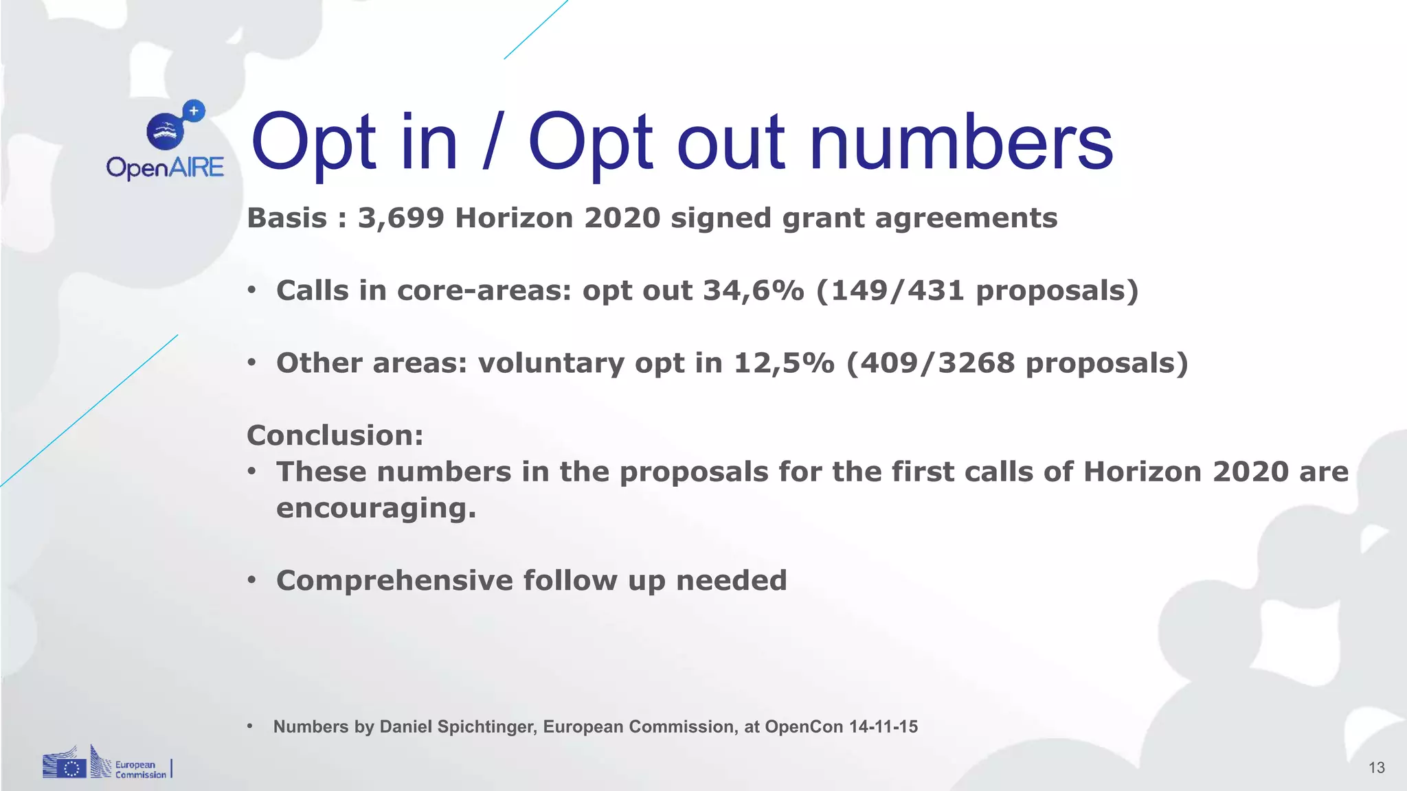 Opt in / Opt out numbers
Basis : 3,699 Horizon 2020 signed grant agreements
• Calls in core-areas: opt out 34,6% (149/431 proposals)
• Other areas: voluntary opt in 12,5% (409/3268 proposals)
Conclusion:
• These numbers in the proposals for the first calls of Horizon 2020 are
encouraging.
• Comprehensive follow up needed
• Numbers by Daniel Spichtinger, European Commission, at OpenCon 14-11-15
13
 