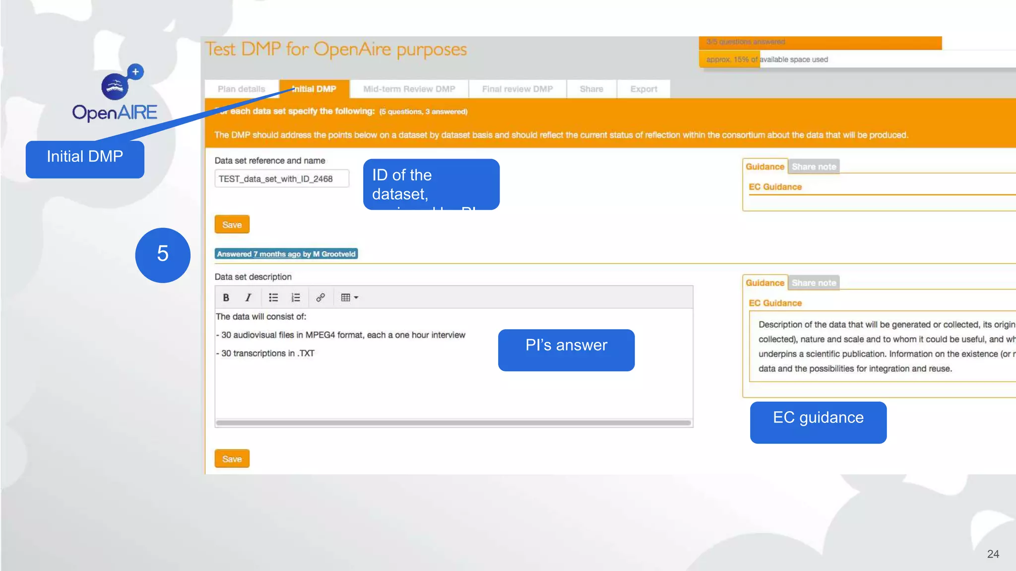 24
ID of the
dataset,
assigned by PI
EC guidance
PI’s answer
Initial DMP
5
 