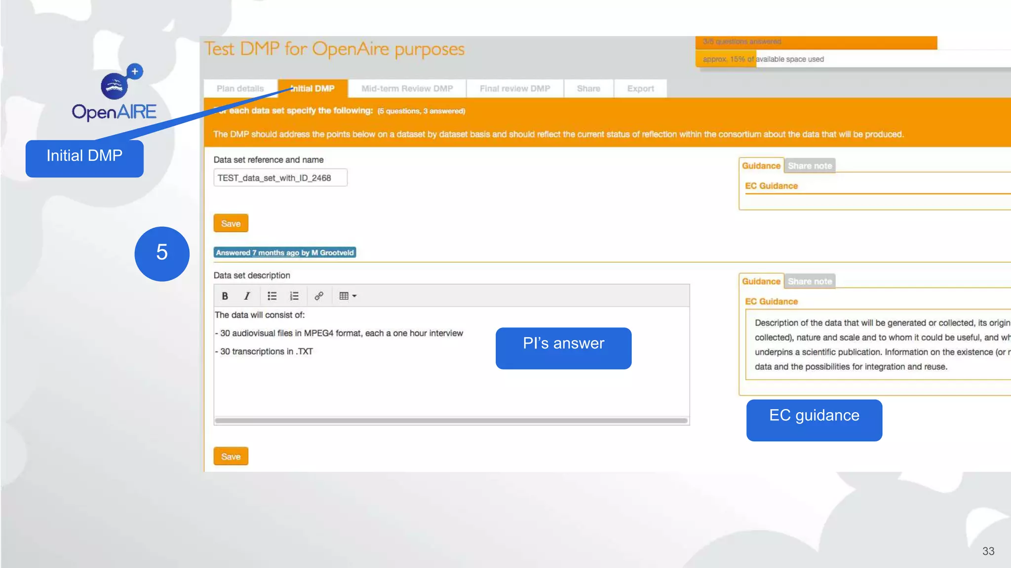 33
EC guidance
PI’s answer
Initial DMP
5
 