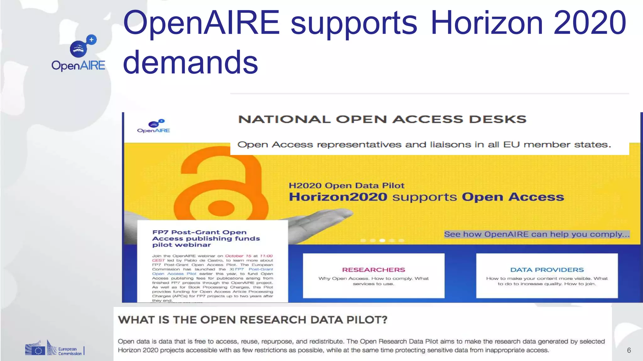 OpenAIRE supports Horizon 2020
demands
6
 