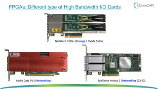 FPGAs: Different type of High Bandwidth I/O Cards
Alpha Data 9V3 (Networking) Mellanox Innova 2 (Networking [CX-5])
Nallatech 250S+ (Storage / NVMe SSDs)
 