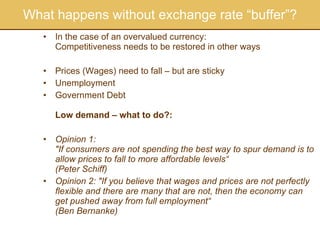 What happens without exchange rate “buffer”? In the case of an overvalued currency: Competitiveness needs to be restored in other ways Prices (Wages) need to fall – but are sticky Unemployment  Government Debt Low demand – what to do?: Opinion 1:  "If consumers are not spending the best way to spur demand is to allow prices to fall to more affordable levels“  (Peter Schiff) Opinion 2: "If you believe that wages and prices are not perfectly flexible and there are many that are not, then the economy can get pushed away from full employment“  (Ben Bernanke) 