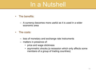 In a Nutshell The benefits: A currency becomes more useful as it is used in a wider economic area The costs: loss of monetary and exchange rate instruments matters in presence of: price and wage stickiness asymmetric shocks.( a recession which only affects some members of a group of trading countries) 
