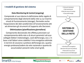 I modelli di gestione del sistema

• Consumi istantanei
• Dati previsionali
• Dati dei sensori di campo

Data Monitoring & Control (ongoing)
Comprende al suo interno la definizione delle regole di
comportamento degli elementi della rete su cui inserire
vincoli di funzionamento (storage). Permette anche
l’acquisizione dei dati caratteristici di funzionamento atti
ad alimentare gli strumenti di Supporto alle Decisioni.
Ottimizzatore (pianificazione giornaliera)
Componente decisionale che effettua previsioni sul
comportamento della rete e di alcuni parametri ad essa
collegati (fattori metereologici, costi dell’energia, ecc.). In
base a tali fattori viene stabilito il mix energetico ottimale
in termini di cessione e prelievo dell’energia (es. quanta
energia prelevare/cedere da rete nazionale e quanta da
accumulatori presenti nella smart grid).

• Costo dell’energia
•…
IN

SISTEMA DI
GESTIONE
DELLA RETE

OUT
• Distribuzione energetica
(decisione dei punti di prelievo)
• Necessità di accumulo
• Ottimizzazione del fabbisogno

 
