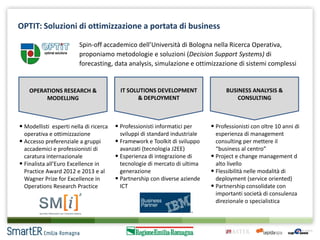 OPTIT: Soluzioni di ottimizzazione a portata di business
Spin-off accademico dell’Università di Bologna nella Ricerca Operativa,
proponiamo metodologie e soluzioni (Decision Support Systems) di
forecasting, data analysis, simulazione e ottimizzazione di sistemi complessi

OPERATIONS RESEARCH &
MODELLING

IT SOLUTIONS DEVELOPMENT
& DEPLOYMENT

• Modellisti esperti nella di ricerca • Professionisti informatici per
operativa e ottimizzazione
• Accesso preferenziale a gruppi
accademici e professionisti di
caratura internazionale
• Finalista all’Euro Excellence in
Practice Award 2012 e 2013 e al
Wagner Prize for Excellence in
Operations Research Practice

sviluppi di standard industriale
• Framework e Toolkit di sviluppo
avanzati (tecnologia J2EE)
• Esperienza di integrazione di
tecnologie di mercato di ultima
generazione
• Partnership con diverse aziende
ICT

BUSINESS ANALYSIS &
CONSULTING

• Professionisti con oltre 10 anni di
esperienza di management
consulting per mettere il
“business al centro”
• Project e change management d
alto livello
• Flessibilità nelle modalità di
deployment (service oriented)
• Partnership consolidate con
importanti società di consulenza
direzionale o specialistica

 