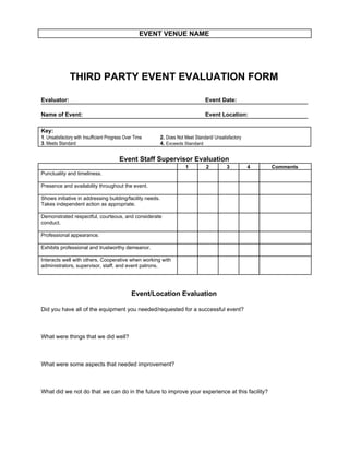 EVENT VENUE NAME
THIRD PARTY EVENT EVALUATION FORM
Evaluator: Event Date:
Name of Event: Event Location:
Key:
1​. Unsatisfactory with Insufficient Progress Over Time​ 2. ​Does Not Meet Standard/ Unsatisfactory
3​. Meets Standard ​4. ​Exceeds Standard
Event Staff Supervisor Evaluation
1 2 3 4 Comments
Punctuality and timeliness.
Presence and availability throughout the event.
Shows initiative in addressing building/facility needs.
Takes independent action as appropriate.
Demonstrated respectful, courteous, and considerate
conduct.
Professional appearance.
Exhibits professional and trustworthy demeanor.
Interacts well with others. Cooperative when working with
administrators, supervisor, staff, and event patrons.
Event/Location Evaluation
Did you have all of the equipment you needed/requested for a successful event?
What were things that we did well?
What were some aspects that needed improvement?
What did we not do that we can do in the future to improve your experience at this facility?
 