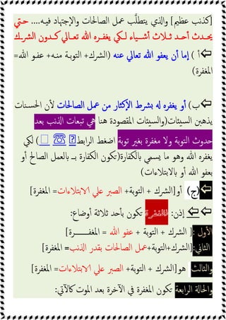 ]
‫ﻋﻈﲓ‬ ‫ﻧﺐ‬‫ﺬ‬‫ﻛ‬
[
‫ا‬‫و‬
‫ـﻪ‬ ‫ﻓ‬ ‫ٕﺟﳤﺎد‬‫ﻻ‬‫ا‬‫و‬ ‫اﻟﺼﺎﳊﺎت‬ ‫ﲻﻞ‬ ‫ﺐ‬‫ﺘﻄﻠ‬‫ﯾ‬ ‫ي‬
....
‫ﺣـﱵ‬
‫ــك‬‫ﴩ‬‫ﻟ‬‫ا‬ ‫ـﺪون‬‫ـ‬‫ﻛ‬ ‫ـﺎﱄ‬‫ـ‬‫ﺗﻌ‬ ‫ﷲ‬ ‫ـﺮﻩ‬‫ـ‬‫ﯾﻐﻔ‬ ‫ـﲄ‬‫ـ‬‫ﻟ‬ ‫ﯿﺎء‬‫ـ‬‫ـ‬‫ﺷ‬ٔ ‫ـﻼث‬‫ـ‬‫ﺛ‬ ‫ـﺪ‬‫ـ‬ ٔ ‫ـﺪث‬‫ـ‬‫ﳛ‬

ٔ
(
‫ﻨﻪ‬‫ﻋ‬ ‫ﺗﻌﺎﱄ‬ ‫ﷲ‬ ‫ﯾﻌﻔﻮ‬ ‫ن‬ٔ ‫ﻣﺎ‬ٕ‫ا‬
)
‫ﴩك‬‫ﻟ‬‫ا‬
+
‫ـﻪ‬ ‫ﻣ‬ ‫ﺑـﺔ‬‫ﻮ‬‫ﺘ‬‫ﻟ‬‫ا‬
+
‫ﷲ‬ ‫ﻋﻔـﻮ‬
=
‫اﳌﻐﻔﺮة‬
(

‫ب‬
(
‫اﻟﺼﺎﳊﺎت‬ ‫ﲻﻞ‬ ‫ﻣﻦ‬ ‫ﺜﺎر‬‫ﻛ‬ٕ‫ﻻ‬‫ا‬ ‫ﴩط‬ ‫ﯾﻐﻔﺮﻩ‬ ‫و‬ٔ
‫ﻨﺎت‬‫ﺴ‬‫ﳊ‬‫ا‬ ‫ن‬ٔ
‫ﺎت‬ ‫ﺴ‬‫ﻟ‬‫ا‬ ‫ﯾﺬﻫﱭ‬
)
‫اﳌﻘﺼﻮ‬ ‫ﺎت‬ ‫ﺴ‬‫ﻟ‬‫ا‬‫و‬
‫ﻨﺎ‬‫ﻫ‬ ‫دة‬
‫ﺑﻌﺪ‬ ‫ﻧﺐ‬ ‫ا‬ ‫ﺒﻌﺎت‬‫ﺗ‬ ‫ﱔ‬
‫ﺑﺔ‬‫ﻮ‬‫ﺗ‬ ‫ﺑﻐﲑ‬ ‫ﻣﻐﻔﺮة‬ ‫وﻻ‬ ‫ﺑﺔ‬‫ﻮ‬‫ﺘ‬‫ﻟ‬‫ا‬ ‫ﺪوث‬
‫اﺑﻂ‬‫ﺮ‬‫اﻟ‬ ‫اﺿﻐﻂ‬
☏
(
‫ﻟﲄ‬
‫ﻟﻜﻔﺎرة‬ ‫ﺴﻤﻲ‬ ‫ﻣﺎ‬ ‫وﻫﻮ‬ ‫ﷲ‬ ‫ﯾﻐﻔﺮﻩ‬
)
‫و‬ٔ ‫اﻟﺼﺎﱀ‬ ‫ﻟﻌﻤﻞ‬ ‫ﺑــ‬ ‫اﻟﻜﻔﺎرة‬ ‫ﻜﻮن‬
‫ﺘﻼءات‬‫ﺑ‬‫ﻻ‬ ‫و‬ٔ ‫ﷲ‬ ‫ﺑﻌﻔﻮ‬
(

)
‫ج‬
(
‫و‬ٔ
]
‫ﴩك‬‫ﻟ‬‫ا‬
+
‫ﺑﺔ‬‫ﻮ‬‫ﺘ‬‫ﻟ‬‫ا‬
+
‫ﺘﻼءات‬‫ﺑ‬ ‫ﲇ‬ ‫اﻟﺼﱪ‬
=
‫اﳌﻐﻔﺮة‬
[


‫ذن‬ٕ‫ا‬
:
‫ﻓﺎﳌﻐ�ﺓ‬
‫وﺿﺎع‬ٔ ‫ﺛﻼﺛﺔ‬ ‫ﺪ‬ ٔ ‫ﺑ‬ ‫ﻜﻮن‬
:
‫ول‬ٔ ‫ا‬
:
]
‫ﴩك‬‫ﻟ‬‫ا‬
+
‫ﺑﺔ‬‫ﻮ‬‫ﺘ‬‫ﻟ‬‫ا‬
+
‫ﷲ‬ ‫ﻋﻔﻮ‬
=
‫اﳌﻐﻔــــــــﺮة‬
[
‫ﺜﺎﱐ‬‫ﻟ‬‫ا‬
:
]
‫ﴩك‬‫ﻟ‬‫ا‬
+
‫ﺑﺔ‬‫ﻮ‬‫ﺘ‬‫ﻟ‬‫ا‬
+
‫اﻟﺼﺎﳊﺎت‬ ‫ﲻﻞ‬
‫ﻧﺐ‬ ‫ا‬ ‫ﺑﻘﺪر‬
=
‫اﳌﻐﻔﺮة‬
[
‫ﺜﺎﻟﺚ‬‫ﻟ‬‫ا‬‫و‬
‫ﻫﻮ‬
]
‫ﴩك‬‫ﻟ‬‫ا‬
+
‫ﺑﺔ‬‫ﻮ‬‫ﺘ‬‫ﻟ‬‫ا‬
+
‫ﺘﻼءات‬‫ﺑ‬ ‫ﲇ‬ ‫اﻟﺼﱪ‬
=
‫اﳌﻐﻔﺮة‬
[
‫اﺑﻌﺔ‬‫ﺮ‬‫اﻟ‬ ‫اﳊﺎ‬‫و‬
‫ﰐ‬ٓ ‫ﰷ‬ ‫اﳌﻮت‬ ‫ﺑﻌﺪ‬ ‫ﺧﺮة‬ٓ ‫ا‬ ‫ﰲ‬ ‫اﳌﻐﻔﺮة‬ ‫ﻜﻮن‬
:
 