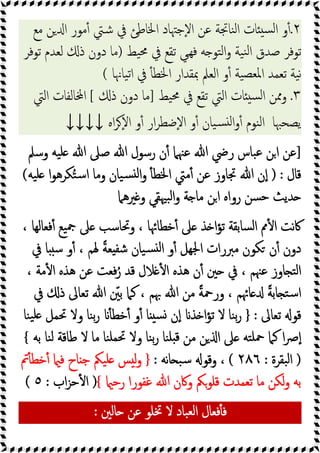 ٢
.
‫ﻣﻊ‬ ‫ﻦ‬ ‫ا‬ ‫ﻣﻮر‬ٔ ‫ﺷﱵ‬ ‫ﰲ‬ ‫اﳋﺎﻃﺊ‬ ‫ٕﺟﳤﺎد‬‫ﻻ‬‫ا‬ ‫ﻋﻦ‬ ‫ﻨﺎﲡﺔ‬‫ﻟ‬‫ا‬ ‫ﺎت‬ ‫ﺴ‬‫ﻟ‬‫ا‬ ‫و‬ٔ
‫ﯿﻂ‬‫ﳏ‬ ‫ﰲ‬ ‫ﺗﻘﻊ‬ ‫ﻲ‬‫ﻓﻬ‬ ‫ﻪ‬ ‫ﺘﻮ‬‫ﻟ‬‫ا‬‫و‬ ‫ﯿﺔ‬‫ﻨ‬‫ﻟ‬‫ا‬ ‫ﺻﺪق‬ ‫ﺗﻮﻓﺮ‬
)
‫ﺗﻮﻓﺮ‬ ‫ﻟﻌﺪم‬ ‫ذ‬ ‫دون‬ ‫ﻣﺎ‬
‫ﯿﺎﳖﺎ‬‫ﺗ‬‫ا‬ ‫ﰲ‬ ٔ ‫اﳋﻄ‬ ‫ﲟﻘﺪار‬ ‫اﻟﻌﲅ‬ ‫و‬ٔ ‫ﯿﺔ‬‫ﳌﻌﺼ‬‫ا‬ ‫ﺗﻌﻤﺪ‬ ‫ﯿﺔ‬‫ﻧ‬
(
٣
.
‫ﯿﻂ‬‫ﳏ‬ ‫ﰲ‬ ‫ﺗﻘﻊ‬ ‫اﻟﱵ‬ ‫ﺎت‬ ‫ﺴ‬‫ﻟ‬‫ا‬ ‫وﳑﻦ‬
]
‫ذ‬ ‫دون‬ ‫ﻣﺎ‬
[
‫اﻟﱵ‬ ‫ﺎﻟﻔﺎت‬ ‫ا‬
‫ﯾﺼﺤﳢﺎ‬
‫اﻩ‬‫ﺮ‬ٕ‫ﻻ‬‫ا‬ ‫و‬ٔ ‫ار‬‫ﺮ‬‫ٕﺿﻄ‬‫ﻻ‬‫ا‬ ‫و‬ٔ ‫ﯿﺎن‬‫ﺴ‬ ‫ﻟ‬‫ا‬‫و‬ٔ ‫ﻨﻮم‬‫ﻟ‬‫ا‬
↓↓↓↓
]
‫وﺳﲅ‬ ‫ﯿﻪ‬‫ﻠ‬ ‫ﷲ‬ ‫ﺻﲆ‬ ‫ﷲ‬ ‫رﺳﻮل‬ ‫ن‬ٔ ‫ﻋﳯﲈ‬ ‫ﷲ‬ ‫رﴈ‬ ‫ﺒﺎس‬‫ﻋ‬ ‫ﻦ‬‫ا‬ ‫ﻋﻦ‬
‫ﻗﺎل‬
:
)
‫ﯿﻪ‬‫ﻠ‬ ‫ا‬‫ﻮ‬‫ﻜﺮﻫ‬ُ‫ﺘ‬‫ﺳ‬‫ا‬ ‫وﻣﺎ‬ ‫ﯿﺎن‬‫ﺴ‬ ‫ﻟ‬‫ا‬‫و‬ ٔ ‫اﳋﻄ‬ ‫ﻣﱵ‬ٔ ‫ﻋﻦ‬ ‫ﲡﺎوز‬ ‫ﷲ‬ ‫ن‬ٕ‫ا‬
(
‫ﲑﻫﲈ‬ ‫و‬ ‫ﺒﳱﻘﻲ‬‫ﻟ‬‫ا‬‫و‬ ‫ﺔ‬ ‫ﻣﺎ‬ ‫ﻦ‬‫ا‬ ‫رواﻩ‬ ‫ﺴﻦ‬‫ﺣ‬ ‫ﺪﯾﺚ‬
، ‫ﻓﻌﺎﻟﻬﺎ‬ٔ ‫ﯿﻊ‬‫ﲨ‬ ‫ﲆ‬ ‫وﲢﺎﺳﺐ‬ ، ‫ﺧﻄﺎﲛﺎ‬ٔ ‫ﲆ‬ ‫ﺬ‬ ‫ا‬‫ﺆ‬‫ﺗ‬ ‫ﺴﺎﺑﻘﺔ‬‫ﻟ‬‫ا‬ ‫ﱈ‬ٔ ‫ا‬ ‫ﻧﺖ‬‫ﰷ‬
‫ﰲ‬ ‫ﺎ‬ ‫ﺳ‬ ‫و‬ٔ ، ‫ﳍﻢ‬ ً‫ﺔ‬‫ﻌ‬ ‫ﺷﻔ‬ ‫ﯿﺎن‬‫ﺴ‬ ‫ﻟ‬‫ا‬ ‫و‬ٔ ‫اﳉﻬﻞ‬ ‫ﻣﱪرات‬ ‫ﻜﻮن‬ ‫ن‬ٔ ‫دون‬
ٔ ‫ا‬ ‫ﻫﺬﻩ‬ ‫ن‬ٔ ‫ﲔ‬ ‫ﰲ‬ ، ‫ﻋﳯﻢ‬ ‫ﺎوز‬ ‫ﺘ‬‫ﻟ‬‫ا‬
، ‫ﻣﺔ‬ٔ ‫ا‬ ‫ﻫﺬﻩ‬ ‫ﻋﻦ‬ ‫ﻓﻌﺖ‬ُ‫ر‬ ‫ﻗﺪ‬ ‫ﻼل‬
‫ﰲ‬ ‫ذ‬ ‫ﺗﻌﺎﱃ‬ ‫ﷲ‬ ّ
‫ﺑﲔ‬ ‫ﻛﲈ‬ ، ‫ﲠﻢ‬ ‫ﷲ‬ ‫ﻣﻦ‬ ً‫ﺔ‬‫ورﲪ‬ ، ‫ﺎﲛﻢ‬ ً‫ﺔ‬‫ﺎﺑ‬ ‫ﺘ‬‫ﺳ‬‫ا‬
‫ﺗﻌﺎﱃ‬ ‫ﻗﻮ‬
:
}
‫ﻨﺎ‬‫ﯿ‬‫ﻠ‬ ‫ﲢﻤﻞ‬ ‫وﻻ‬ ‫ﻨﺎ‬‫ﺑ‬‫ر‬ ٔ ‫ﺧﻄ‬ٔ ‫و‬ٔ ‫ﺎ‬ ‫ﺴ‬ ‫ن‬ٕ‫ا‬ ‫ﺬ‬ ‫ا‬‫ﺆ‬‫ﺗ‬ ‫ﻻ‬ ‫ﻨﺎ‬‫ﺑ‬‫ر‬
‫ﺑﻪ‬ ‫ﻨﺎ‬‫ﻟ‬ ‫ﻃﺎﻗﺔ‬ ‫ﻻ‬ ‫ﻣﺎ‬ ‫ﻨﺎ‬‫ﲢﻤﻠ‬ ‫وﻻ‬ ‫ﻨﺎ‬‫ﺑ‬‫ر‬ ‫ﻨﺎ‬‫ﻠ‬ ‫ﻗ‬ ‫ﻣﻦ‬ ‫ﻦ‬ ‫ا‬ ‫ﲆ‬ ‫ﺘﻪ‬‫ﲪﻠ‬ ‫ﻛﲈ‬ ‫ا‬‫ﴏ‬ٕ‫ا‬
{
)
‫ﺒﻘﺮة‬‫ﻟ‬‫ا‬
:
٢٨٦
(
‫و‬ ،
‫ﻧﻪ‬‫ﺎ‬ ‫ﺒ‬‫ﺳ‬ ‫ﻗﻮ‬
:
}
‫ﰎ‬ٔ ‫ﺧﻄ‬ٔ ‫ﻓ‬ ‫ﺎح‬ ‫ﺟ‬ ‫ﯿﲂ‬‫ﻠ‬ ‫ﺲ‬ ‫ﻟ‬‫و‬
‫رﺣ‬ ‫ﻏﻔﻮرا‬ ‫ﷲ‬ ‫وﰷن‬ ‫ﻗﻠﻮﲂ‬ ‫ﺗﻌﻤﺪت‬ ‫ﻣﺎ‬ ‫ﻟﻜﻦ‬‫و‬ ‫ﺑﻪ‬
{
)
‫اب‬‫ﺰ‬‫ﺣ‬ٔ ‫ا‬
:
٥
(
‫ﲣﻠﻮ‬ ‫ﻻ‬ ‫ﺒﺎد‬‫ﻟﻌ‬‫ا‬ ‫ﻓﻌﺎل‬ٔ ‫ﻓ‬
‫ﻋﻦ‬
‫ﺎﻟﲔ‬
:
 
