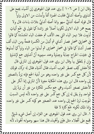 ‫ﻦ‬‫ا‬ ‫وﻗﺎل‬
]
‫ص‬
١٠٦
[
‫ﲆ‬ ‫ﳚﻤﻊ‬ ‫ﯿﺎء‬ ْ‫ﺷ‬ ‫ن‬‫ا‬ ‫اﳉﻮﻫﺮي‬ ‫ﻗﻮل‬ ‫ﻨﺪ‬‫ﻋ‬ ‫ﺮي‬
ِ‫و‬‫ﺷﺎ‬
ً‫ا‬‫و‬‫ا‬‫و‬ ‫وﱃ‬ ‫ﻣﻦ‬ ‫ﺑﺪﻟﺖ‬‫و‬ ً‫ﺎ‬‫ﻟﻔ‬ ‫اﳍﻤﺰة‬ ‫ﺒﺖ‬‫ﻓﻘﻠ‬ ِ
‫ﺷﺎﰄ‬ ‫ﺻ‬‫و‬ ‫ي‬
‫وﻻ‬ ‫ﻗﺎل‬ ‫ءات‬ ‫ﺜﻼث‬‫ﺑ‬ ِ
‫ﺷﺎﱚ‬ ‫ﺻ‬ ‫اﳕﺎ‬‫و‬ ‫ﺳﻬﻮ‬ ِ
‫ﺷﺎﰄ‬ ‫ﺻ‬ ‫ﻗﻮ‬ ‫ﻗﺎل‬
ٍ
‫ﯿﺎت‬ْ‫ﺑ‬ ‫ﻊ‬ْ َ
‫ﲨ‬ ‫ﰲ‬ ‫ﺗﻘﻮل‬ ‫ﻛﲈ‬ ‫اﺋﺪة‬‫ز‬ ‫ﲑ‬ ً‫ﻼ‬‫ﺻ‬ ‫ﻟﻜﻮﳖﺎ‬ ‫وﱃ‬ ‫ﯿﺎء‬‫ﻟ‬‫ا‬ ‫ﳘﺰ‬ ‫ﯾﺼﺢ‬
‫ا‬ ‫ﺧﻔﻔﺖ‬ ‫ﰒ‬ ‫ﻟﻒ‬ ‫ا‬ ‫ﺑﻌﺪ‬ ‫اﻟﱵ‬ ‫ﯿﺎء‬‫ﻟ‬‫ا‬ ‫ﲥﻤﺰ‬ ‫ﻓﻼ‬ ‫ﺖ‬ ِ‫ﯾ‬
‫ا‬‫ﻮ‬‫ﻗﺎﻟ‬ ‫ﻛﲈ‬ ‫دة‬ّ‫اﳌﺸﺪ‬ ‫ﯿﺎء‬‫ﻟ‬
‫ﻟﻒ‬ ِ‫ء‬‫ﯿﺎ‬‫ﻟ‬‫ا‬ ‫وﻣﻦ‬ ٌ‫ﺔ‬ ‫ﻓ‬ ‫ﴪة‬‫ﻟﻜ‬‫ا‬ ‫ﻣﻦ‬ َ‫ل‬ِ‫ﺪ‬ْ‫ﺑ‬ ‫ﰒ‬ ٍ‫ﺷﺎي‬ ‫ﻓﺼﺎر‬ ٍ‫ﺎر‬ َ
‫ﲱ‬ ّ‫ي‬ِ‫ر‬‫ﺎ‬ َ
‫ﲱ‬ ‫ﰲ‬
‫ﺑﺪﻟﻮﻫﺎ‬ ‫ﻛﲈ‬ ً‫ا‬‫و‬‫ا‬‫و‬ ‫ﯿﺎء‬‫ﻟ‬‫ا‬ ‫ﻣﻦ‬ ‫ا‬‫ﻮ‬‫ﺑﺪﻟ‬ ‫ﰒ‬ ‫ى‬َ‫ﺎر‬ َ
‫ﲱ‬ ٍ‫ﺎر‬ َ
‫ﲱ‬ ‫ﰲ‬ ‫ا‬‫ﻮ‬‫ﻗﺎﻟ‬ ‫ﻛﲈ‬ ‫ﺷﺎ‬ ‫ﻓﺼﺎر‬
ٍ‫ة‬‫ﺷﺎو‬‫ﻻ‬ ‫ﲨﻊ‬ ‫ى‬َ‫ﺷﺎو‬ ‫ن‬ ‫ﯾﻪ‬‫ﻮ‬ ‫ﺳ‬ ‫ﻨﺪ‬‫ﻋ‬‫و‬ ً‫ة‬‫ﺎو‬ ِ‫وﺟ‬ ً‫ﺔ‬‫ﺎﯾ‬ ِ‫ﺟ‬ ‫اج‬‫ﺮ‬َ‫ﳋ‬‫ا‬ ‫ﺖ‬ْ‫ﯿ‬َ َ‫ﺟ‬ ‫ﰲ‬
‫ا‬‫و‬
‫ﻗﺎل‬ ‫اﳌﺎزﱐ‬ ‫ن‬‫ا‬ ‫اﳉﻮﻫﺮي‬ ‫ﻗﻮل‬ ‫ﻨﺪ‬‫ﻋ‬ ‫ﺮي‬ ‫ﻦ‬‫ا‬ ‫وﻗﺎل‬ ‫ﲠﺎ‬ ْ
‫ﻖ‬َ‫ﻄ‬ْ‫ﻨ‬ُ‫ﯾ‬ ‫ﱂ‬ ‫ن‬
‫ﻗﻮ‬ ‫ﺮﺖ‬ ‫ﻓﻘﺎل‬ ‫ﺎء‬‫ﯿ‬ َ‫ﺷ‬ ‫ﻓﻘﺎل‬ ‫ﯿﺎء‬‫ﺷ‬ ‫اﻟﻌﺮب‬ ‫ﺮ‬ِّ‫ﻐ‬‫ﺗﺼ‬ ‫ﯿﻒ‬ ‫ﺧﻔﺶ‬ ‫ﻟ‬
‫ﺘﺼﻐﲑ‬‫ﻟ‬ ‫ﺮد‬ُ ‫ﻧﻪ‬‫ﻓﺎ‬ ‫اﶺﻊ‬ ‫ﺔ‬ ‫ﺑ‬ ‫ﻣﻦ‬ ‫وﻫﻮ‬ ‫ﺪﻩ‬ ‫ا‬‫و‬ ‫ﲑ‬ ‫ﲆ‬ ‫ﴪ‬ ‫ﲨﻊ‬ ‫ﰻ‬ ‫ن‬
‫اﳌﺎزﱐ‬ ‫ن‬ ‫ﻣﻐﲑة‬ ‫اﳊﲀﯾﺔ‬ ‫ﻫﺬﻩ‬ ‫ﺮي‬ ‫ﻦ‬‫ا‬ ‫ﻗﺎل‬ ‫ﺪﻩ‬ ‫ا‬‫و‬ ‫ﱃ‬‫ا‬
‫ﲆ‬ ‫ﻜﺮ‬ ‫ﳕﺎ‬‫ا‬
‫ﱃ‬‫ا‬ ‫ﺮد‬ُ ‫ن‬ ‫ﲑ‬ ‫ﻣﻦ‬ ‫ﻠﻜﱶة‬ ‫ﴪ‬‫ﻣﻜ‬ ‫ﲨﻊ‬ ‫وﱔ‬ ‫ﯿﺎء‬‫ﺷ‬ ‫ﺗﺼﻐﲑ‬ ‫ﺧﻔﺶ‬ ‫ا‬
ُ
‫ﺐ‬ ‫ﺴ‬‫ﻟ‬‫ا‬ ‫ﺲ‬ ‫ﻟ‬ ‫ﻧﻪ‬ ‫ﺪﻩ‬ ‫ا‬‫و‬ ‫ﲑ‬ ‫ﲆ‬ ‫ﴪ‬ ‫ﲨﻊ‬ ‫ﰻ‬ ‫ن‬‫ا‬ ‫ﯾﻘﻞ‬ ‫وﱂ‬ ‫ﺪ‬ ‫ا‬‫ﻮ‬‫اﻟ‬
‫ﺪﻩ‬ ‫ا‬‫و‬ ‫ﲑ‬ ‫ﲆ‬ ‫ﴪ‬ ‫ﻧﻪ‬‫ﻮ‬ ‫ﻫﻮ‬ ‫ﺘﺼﻐﲑ‬‫ﻟ‬‫ا‬ ‫ﻨﺪ‬‫ﻋ‬ ‫ﺪﻩ‬ ‫ا‬‫و‬ ‫ﱃ‬‫ا‬ ‫اﶺﻊ‬ ِّ‫د‬‫ﻟﺮ‬ ُ
‫ﺐ‬ِ‫ﻮﺟ‬ُ‫ﳌ‬‫ا‬
‫ﻗ‬ ‫ﻻ‬ ‫ﱶة‬َ‫ﻛ‬ َ‫ﻊ‬ْ َ
‫ﲨ‬ ‫ﻧﻪ‬‫ﻮ‬‫ﻟﻜ‬ ‫ذ‬ ‫ﳕﺎ‬‫ا‬‫و‬
١
.
‫ﻗ‬
ٌ ِّ َ‫ﺷ‬ ٍ‫ء‬‫ﳾ‬ ‫ﺻﻞ‬ ‫ن‬‫ا‬ ‫اء‬ّ‫اﻟﻔﺮ‬ ‫ﻋﻦ‬ ‫اﳉﻮﻫﺮي‬ ‫ﻗﻮل‬ ‫ﻨﺪ‬‫ﻋ‬ ‫ﺮي‬ ‫ﻦ‬‫ا‬ ‫ﺎل‬
‫ﻧﻪ‬ ‫ء‬ ‫ْﻮ‬‫ﻫ‬ ‫اﺑﻪ‬‫ﻮ‬‫وﺻ‬ ‫ﺳﻬﻮ‬ ‫ﻫﺬا‬ ‫ﻗﺎل‬ ‫ِﻨﺎء‬‫ﯿ‬ْ‫ﻫ‬‫و‬ ٍ ِّ
‫ﲔ‬َ‫ﻫ‬ ‫ﻞ‬ ‫ﻣ‬ ‫ﻼء‬ِ‫ﻌ‬ْ‫ﻓ‬ ‫ﲆ‬ ‫ﲾﻤﻊ‬
 