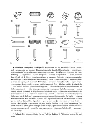 33
11____________ 12___________
13________
14_________ 15________
16_____________ 17____________ 18________ 19_________ 20________
21_____________ 22____________ 23________ 24_________ 25________
26_____________ 27___________ 28________
29_________ 30________
Gebrauchen Sie folgende Fachbegriffe: Bolzen mit Kopf und Splintloch — болт с голов-
кой и отверстием под шплинт; Dünnschaftschraube/ ähnlich: Dehnschraube — тонкий уста-
новочный винт/ похожий вариант: невыпадающий винт; Druckfeder — нажимная пружина;
Federring — пружинное кольцо (разрезное кольцо); Flügelmutter — гайка-барашек;
Gewindestift mit Schlitz — установочный винт с прорезью; Hutmutter — колпачковая гайка;
Kronenmutter — корончатая (прорезная) гайка; Linsen — Blechschraube — винт самонаре-
зающий с полукруглой головкой; Nutmutter — шлицевая гайка; Passfeder — призматиче-
ская шпонка; Passschraube — конусный [призонный] болт; Scheibe- шайба; Scheibenfeder
— сегментная шпонка; Sechskantmutter (SKM) — гайка шестигранная; Sechskantmutter mit
Sicherungselement — гайка шестигранная самостопорящаяся; Sechskantschraube — винт с
шестигранной головкой; Senkblechschraube mit Kreuzschlitz — самонарезающий винт с по-
тайной головкой и крестообразным шлицем; Senkniet — заклёпка с потайной головкой;
Sicherungsring für Bohrung- упорное кольцо для сверла; Sicherungsring für Welle — упорное
кольцо для вала; SKM mit Bund — гайка шестигранная с пояском; Vierkantmutter — квад-
ратная гайка; Spannstift / Spannhülse- распорный штифт/ зажимная втулка; Splint —
шплинт; Zahnscheibe — стопорная зубчатая шайба; Zugfeder — пружина растяжения; Zyl-
inderkerbstift — цилиндрический просечной штифт; Zylinderschraube mit Innensechskant —
винт с цилиндрической головкой и шестигранным углублением; Zylinderstift — цилиндри-
ческий штифт.
* Fußnote Die Lösungen finden Sie am Ende der Lektion 3. Prüfen und bessern Sie sich
selbst.
 