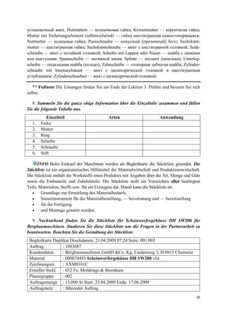 35
установочный винт, Hutmuttern — колпачковая гайка; Kronenmutter — корончатая гайка;
Mutter mit Sicherungselement (selbstsichernd) — гайка шестигранная самостопорящаяся;
Nutmutter — шлицевая гайка; Passschraube — конусный [призонный] болт; Sechskant-
mutter — шестигранная гайка; Sechskantschraube — винт с шестигранной головкой; Senk-
schraube — винт с потайной головкой; Scheibe mit Lappen oder Nasen — шайба с лапками
или выступами; Spannscheibe — натяжной шкив; Splinte — шплинт (шпилька); Unterleg-
scheibe — подкладная шайба (кольцо); Zahnscheibe — стопорная зубчатая шайба; Zylinder-
schraube mit Innensechskant — винт с цилиндрической головкой и шестигранным
углублением; Zylinderschrauben — винт с цилиндрической головкой.
** Fußnote Die Lösungen finden Sie am Ende der Lektion 3. Prüfen und bessern Sie sich
selbst.
8. Sammeln Sie die ganze obige Information über die Einzelteile zusammen und füllen
Sie die folgende Tabelle aus.
Einzelteil Arten Anwendung
1. Feder
2. Mutter
3. Ring
4. Scheibe
5. Schraube
6. Stift
INFO Beim Einkauf der Maschinen werden als Begleitkarte die Stückliste gesendet. Die
Stückliste ist ein organisatorisches Hilfsmittel der Materialwirtschaft und Produktionswirtschaft.
Die Stückliste enthält die Werkstoffe eines Produktes mit Angaben über die Art, Menge und Güte
sowie die Einbauteile und Zubehörteile. Die Stückliste stellt ein Verzeichnis aller benötigten
Teile, Materialien, Stoffe usw. für ein Erzeugnis dar. Damit kann die Stückliste als
• Grundlage zur Ermittlung des Materialbedarfs;
• Steuerinstrument für die Materialbestellung, — bevorratung und — bereitstellung
• für die Fertigung
• und Montage genutzt werden.
9. Nachstehend finden Sie die Stückliste für Scheinwerfergehäuse DH SW200 für
Bergbaumaschinen. Studieren Sie diese Stückliste um die Fragen in der Partnerarbeit zu
beantworten. Beachten Sie die Gestaltung der Stückliste.
Begleitkarte Duplikat Druckdatum: 21.04.2009 07:24 Seite: 001/003
Auftrag : 1083687
Kundendaten : Bergbaumaschinen GmbH &Co. Kg, Lindenweg 3, D 0815 Chemnitz
Material : 000074493 Scheinwerfergehäuse DH SW200 vlst.
Zeichnungsnr. : AXM0101C
Ersteller Stckl. : 032 Fa. Moldrings & Biernhorn
Planergruppe : 002
Auftragsmenge : 15,000 St Start: 25.04.2009 Ende: 17.06.2009
Auftragsnetz : führender Auftrag
 