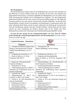 55
Der Wankelmotor
Der Kreiskolbenmotor arbeitet nicht wie ein Hubkolbenmotor, bei dem sich ein Kolben auf
und abbewegt. In seinem Gehäuse dreht sich ein Kolben, der die Form eines Dreiecks mit
abgerundeten Seiten besitzt, exzentrisch (außerhalb des Mittelpunktes) um eine Welle. Diese
Welle (Exzenterwelle) befindet sich im Mittelpunkt des Gehäuses. Um den Kolbenmittel-
punkt herum befindet sich ein Loch, in dem ein Exzenter drehbar gelagert ist. Die Zähne des
Exzenters greifen in die eines auf der Exzenterwelle sitzenden Zahnrades. An den drei Kol-
benstirnflächen vollzieht sich die Umwandlung von Druckenergie in mechanische Arbeit. Die
dabei auftretende Kraft drückt auf den Exzenter undbewirkt eine Drehung der Exzenterwelle.
Auch der Wankelmotor arbeitet nach dem Viertakt-Verfahren. Jedoch dreht sich die Exzen-
terwelle bei einer Umdrehung des Kolbens dreimal, denn da der Kolben drei Stirn-
flächenaufweist, können drei Arbeitsspiele pro Kolbenumdrehung durchgeführt werden.
b) Lesen Sie den Auszug aus der Computerpräsentation von Univ. Prof. Dr. Helmut
Eichle (Institut für Verbrennungskraftmaschinen und Thermodynamik T e c h n i s c h e ·
U n i v e r s i t ä t · G r az).
Vergleich Ottomotor – Dieselmotor
Ottomotor Dieselmotor
• Ansaugen des Benzin-Luftgemisches
Menge je nach gewünschter Leistung
Äußere Gemischbildung (z. B. Ver-
gaser1
)
• Ansaugen der Luft
Menge unabhängig von der Leistung
• Verdichten des Gemisches ca. 1:7
• Druck im Motor ca. 8–18 bar
Temperatur 400–600 °C
• Verdichten der Luft auf ca. 1:18
• Einspritzen des Dieselkraftstoffes
Druck im Motor ca. 30–50 bar Temperatur 700–
900 °C
• Beginn der Verbrennung durch
Funke der Zündkerze
• Höchstdruck 35–60 bar
• Verbrennungstemperatur ca.2000 °C
Abschluss der Verbrennung durch Ex-
pansion (Arbeitstakt)
• Selbstentzündung des Dieselkraftstoffes da
hohe Temperatur im Kolben
• Verbrennungshöchstdruck 60–90 bar
• Verbrennungstemperatur ca.2000 °C
Abschluss der Verbrennung durch Expansion
(Arbeitstakt)
• Auspuffen der Abgase
• Abgastemperatur ca. 800 °C bei
Leerlauf; ca. 900 °C bei Volllast
• Verlust ca. 36 % der chemischen En-
ergie des Kraftstoffes
• Kohlenmonoxid 100 %*
• Stickstoffoxid 100 %*
• keine Rußentwicklung
• Auspuffen der Abgase
• Abgastemperatur ca. 250 °C bei Leerlauf; ca.
500 °C bei Volllast
• Verlust ca. 28 % der chemischen Energie des
Kraftstoffes
• Kohlenmonoxid 12 %
• Stickstoffoxid 25 %
• Rußentwicklung (Krebsverdacht)
Nutzwirkungsgrad ca. 25 % Nutzwirkungsgrad ca. 33 %
 