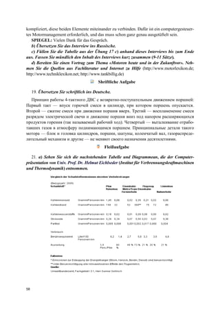 58
kompliziert, diese beiden Elemente miteinander zu verbinden. Dafür ist ein computergesteuer-
tes Motormanagement erforderlich, und das muss schon ganz genau ausgetüftelt sein.
SPIEGEL: Vielen Dank für das Gespräch.
b) Übersetzen Sie das Interview ins Russische.
c) Füllen Sie die Tabelle aus der Übung 17 c) anhand dieses Interviews bis zum Ende
aus. Fassen Sie mündlich den Inhalt des Interviews kurz zusammen (9-11 Sätze).
d) Bereiten Sie einen Vortrag zum Thema «Motoren heute und in der Zukunftvor». Neh-
men Sie die Quellen aus Fachliteratur und Internet zu Hilfe (http://www.motorlexikon.de;
http://www.techniklexikon.net; http://www.tankbillig.de)
Shriftliche Aufgabe
19. Übersetzen Sie schriftlich ins Deutsche.
Принцип работы 4-тактного ДВС с возвратно-поступательным движением поршней:
Первый такт — впуск горючей смеси в цилиндр, при котором поршень опускается.
Второй — сжатие смеси при движении поршня вверх. Третий — воспламенение смеси
разрядом электрической свечи и движение поршня вниз под напором расширяющихся
продуктов горения (так называемый рабочий ход). Четвертый — выталкивание отрабо-
тавших газов в атмосферу поднимающимся поршнем. Принципиальные детали такого
мотора — блок и головка цилиндров, поршни, шатуны, коленчатый вал, газораспреде-
лительный механизм и другие — не меняют своего назначения десятилетиями.
Fleißaufgabe
21. a) Sehen Sie sich die nachstehenden Tabelle und Diagrammean, die der Computer-
präsentation von Univ. Prof. Dr. Helmut Eichlseder (Institut für Verbrennungskraftmaschinen
und Thermodynamik) entnommen.
 