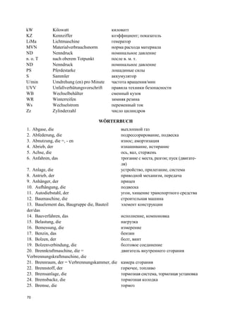 70
kW Kilowatt киловатт
KZ Kennziffer коэффициент; показатель
LiMa Lichtmaschine генератор
MVN Materialverbrauchsnorm норма расхода материала
ND Nenndruck номинальное давление
n. o. T nach oberem Totpunkt после в. м. т.
ND Nenndruck номинальное давление
PS Pferdestarke лошадиные силы
S Sammler аккумулятор
U/min Umdrehung (en) pro Minute частота вращения/мин
UVV Unfallverhütungsvorschrift правила техники безопасности
WB Wechselbehälter сменный кузов
WR Winterreifen зимняя резина
Ws Wechselstrom переменный ток
Zz Zylinderzahl число цилиндров
WÖRTERBUCH
1. Abgase, die выхлопной газ
2. Abfederung, die подрессорирование, подвеска
3. Abnutzung, die =, - en износ; амортизация
4. Abrieb, der изнашивание, истирание
5. Achse, die ось, вал, стержень
6. Anfahren, das трогание с места, разгон; пуск (двигате-
ля)
7. Anlage, die устройство, прилегание, система
8. Antrieb, der приводной механизм, передача
9. Anhänger, der прицеп
10. Aufhängung, die подвеска
11. Autodiebstahl, der угон, хищение транспортного средства
12. Baumaschine, die строительная машина
13. Bauelement das, Baugruppe die, Bauteil
der/das
элемент конструкции
14. Bauverfahren, das исполнение, компоновка
15. Belastung, die нагрузка
16. Bemessung, die измерение
17. Benzin, das бензин
18. Bolzen, der болт, винт
19. Bolzenverbindung, die болтовое соединение
20. Brennkraftmaschine, die =
Verbrennungskraftmaschine, die
двигатель внутреннего сгорания
21. Brennraum, der = Verbrennungskammer, die камера сгорания
22. Brennstoff, der горючее, топливо
23. Bremsanlage, die тормозная система, тормозная установка
24. Bremsbacke, die тормозная колодка
25. Bremse, die тормоз
 