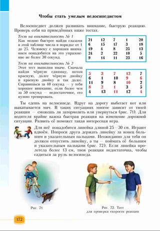 Чтобы стать умелым велосипедистом
Велосипедист должен развивать внимание, быструю реакцию.
Проверь себя на приведённых ниже тестах.
Тест на внимательность № 1
Как можно быстрее найди глазами
в этой таблице числа в порядке от 1
до 25. Человеку с хорошим внима­
нием понадобится на это упражне­
ние не более 30 секунд.
Тест на внимательность № 2
Этот тест выполни иначе. Сначала
найди чёрную единицу, потом
красную, далее чёрную двойку
и красную двойку и так далее.
Справишься за 40 секунд у тебя
хорошее внимание, если более чем
за 50 секунд — недостаточное, его
нужно тренировать.
Ты едешь на велосипеде. Вдруг на дорогу выбегает кот или
выкатывается мяч. В таких ситуациях многое зависит от твоей
реакции — сможешь ли затормозить или увернуться (рис. 71). Для
водителя крайне важна быстрая реакция на изменение дорожной
ситуации. Развить её поможет такая интересная игра.
Для неё понадобится линейка длиной 25 30 см. Играют
вдвоём. Попроси друга держать линейку за конец боль­
шим и указательным пальцами. Неожиданно для тебя он
должен отпустить линейку, а ты поймать её большим
и указательным пальцами (рис. 72). Если линейка про­
летела более 13 см, твоя реакция недостаточна, чтобы
садиться за руль велосипеда.
21 12 7 1 20
6 15 17 3 18
19 4 8 25 13
24 2 22 10 5
9 14 11 23 16
5 3 7 12 7
6 1 10 9 6
11 9 8 10 2
8 2 1 3 5
4 13 11 12 4
Рис. 71
172
Рис. 72. Тест
для проверки скорости реакции
 