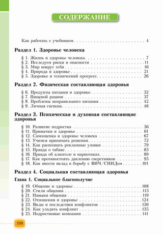 СОДЕРЖАНИЕ !)
Как работать с учебником................................................................. 4
Раздел 1. Здоровье человека
§ 1. Жизнь и здоровье человека.........................................................7
§ 2. Исследуем риски и опасности..................................................И
§ 3. Мир вокруг тебя.......................................................................... 16
§ 4. Природа и здоровье.....................................................................21
§ 5. Здоровье и технический прогресс............................................26
Раздел 2. Физическая составляющая здоровья
§ 6. Продукты питания и здоровье................................................. 32
§ 7. Пищевой рацион..........................................................................37
§ 8. Проблемы неправильного питания.........................................42
§ 9. Личная гигиена............................................................................ 48
Раздел 3. Психическая и духовная составляющие
здоровья
§ 10. Развитие подростка..................................................................56
§ И. Привычки и здоровье...............................................................61
§ 12. Самооценка и здоровье человека.........................................67
§ 13. Учимся принимать решения.................................................... 72
§ 14. Как распознать рекламные уловки.......................................79
§ 15. Правда о табаке..........................................................................83
§ 16. Правда об алкоголе и наркотиках.........................................89
§ 17. Как противостоять давлению сверстников.........................95
§ 18. Как внести вклад в борьбу с ВИЧ/СПИДом..................101
Раздел 4. Социальная составляющая здоровья
Глава 1. Социальное благополучие
§ 19. Общение и здоровье................................................................108
§ 20. Стили общения.........................................................................ИЗ
§ 21. Навыки общения......................................................................119
§ 22. Отношения и здоровье.......................................................... 124
§ 23. Виды и последствия конфликтов....................................... 130
§ 24. Как уладить конфликт...........................................................135
§ 25. Подростковые компании........................................................141
198
 