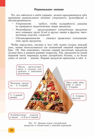 Рациональное питание
Тот, кто заботится о своём здоровье, должен придерживаться трёх
принципов рационального питания: умеренность, разнообразие и
сбалансированность.
• Умеренность — требует, чтобы калорийность рациона
не превышала энергетических затрат организма.
• Разнообразие — предусматривает употребление продуктов
всех основных групп (хлеб и крупы; овощи и фрукты; мясо­
молочные изделия, сладости).
• Сбалансированностъ — означает правильное соотношение
этих групп продуктов.
Чтобы определить, сколько и чего тебе нужно съедать каждый
день, можно воспользоваться так называемой пищевой пирамидой
(рис. 13). Она показывает, сколько порций различных продуктов
должно быть в дневном рационе подростка. Так, продуктов из самой
широкой части пирамиды нужно употреблять больше, а из более
узких её частей — меньше. Порции продуктов приведены в табл. 4.
Хлебобулочные изделия
и крупы — от 6 до 11 порций.
3—4 порции
фруктов.
Масло, растительное
масло и сладости упо­
треблять в небольших
количествах.
V____________ _______________У
Мясо, рыба, яйца,
бобы и орехи —
2—3 порции.
Молочные продук­
ты — 2—3 порции.
3—5 порций
овощей.
Рис. 13. Дневная норма употребления
продуктов в соответствии с пищевой пирамидой
 