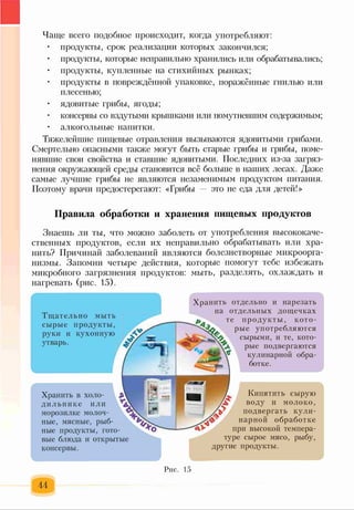 Чаще всего подобное происходит, когда употребляют:
• продукты, срок реализации которых закончился;
• продукты, которые неправильно хранились или обрабатывались;
• продукты, купленные на стихийных рынках;
• продукты в повреждённой упаковке, поражённые гнилью или
плесенью;
• ядовитые грибы, ягоды;
• консервы со вздутыми крышками или помутневшим содержимым;
• алкогольные напитки.
Тяжелейшие пищевые отравления вызываются ядовитыми грибами.
Смертельно опасными также могут быть старые грибы и грибы, поме­
нявшие свои свойства и ставшие ядовитыми. Последних из-за загряз­
нения окружающей среды становится всё больше в наших лесах. Даже
самые лучшие грибы не являются незаменимым продуктом питания.
Поэтому врачи предостерегают: «Грибы - это не еда для детей!»
Правила обработки и хранения пищевых продуктов
Знаешь ли ты, что можно заболеть от употребления высококаче­
ственных продуктов, если их неправильно обрабатывать или хра­
нить? Причинай заболеваний являются болезнетворные микроорга­
низмы. Запомни четыре действия, которые помогут тебе избежать
микробного загрязнения продуктов: мыть, разделять, охлаждать и
нагревать (рис. 15).
Л
Тщательно мыть
сырые продукты,
руки и кухонную
утварь.
Хранить в холо­
дильнике или
морозилке молоч­
ные, мясные, рыб
ные продукты, гото­
вые блюда и открытые
консервы.
Хранить отдельно и нарезать
на отдельных дощечках
те продукты , кото­
рые употребляются
сырыми, и те, кото­
рые подвергаются
кулинарной обра­
ботке.
Кипятить сырую
воду и молоко,
подвергать кули­
нарной обработке
при высокой темпера­
туре сырое мясо, рыбу,
другие продукты.
*
Рис. 15
44
 