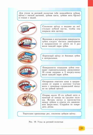 Для ухода за ротовой полостью тебе понадобятся зубная
щётка с мягкой щетиной, зубная паста, зубная нить (флос)
и стакан с водой.
—
Сполосни щётку и выдави на неё
столько зубной пасты, чтобы она
покрыла всю щетину.
( 
Внешнюю и внутреннюю поверхности
зубов следует чистить движениями
в направлении от дёсен по 5 раз
возле каждой пары зубов.
V__________________________________________ )
Перемещай щётку от боковых зубов
к центральным.
Ч ________________________________________________________________у
Поверхности смыкания зубов очи­
щают горизонтальными движениями:
10 слева направо и 5 вперёд-назад
возле каждой пары зубов.
ч________________________________/
Ґ N
Осторожно очистите язык в направ-
лении от корня к кончику (лучше
всего с помощью специальной насад-
ки на зубной щётке).
ч у
Оторви около 15 см зубной нити и
намотай её концы на средние паль­
цы. Вставь нитку в промежуток
между зубами и очисти его движени­
ями вверх-вниз. Старайся не повре­
дить дёсны.
Ч__________________________________________ У
Тщательно прополощи рот, сполосни зубную щётку.
У
Рис. 19. Уход за ротовой полостью
53
 