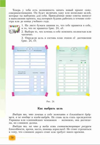 Теперь у тебя есть возможность начать новый проект само­
совершенствования. Он будет включать одну или несколько целей,
которые ты выберешь для себя. Приведённые ниже советы помогут
в выполнении проекта, над которым будешь работать в течение семе­
стра или до конца учебного года.
1. На листе бумаги запиши то, что тебе нравится в себе,
и то, что не нравится (рис. 24, а).
2. Выбери то, что хочешь в себе изменить полностью или
частично.
3. Определи цель и составь план этапов её достижения
(рис. 24, б).
Рис. 24
Как выбрать цель
Выбери то, что хочешь в себе поменять в ближайшем буду­
щем, а не вообще и когда-нибудь. Не ставь цель стать президентом
Украины или олимпийским чемпионом — возможно, она достигае­
ма, но слишком далека.
Выбери то, на что у тебя есть соответствующие ресурсы
(способности, время, место, помощь взрослых). Не стоит стремиться
к тому, что слишком дорого стоит или требует много времени.
70
 