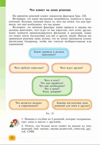 Что влияет на наши решения
На принятие решений влияет множество факторов (рис. 25).
Во-первых, это наши внутренние потребности, ценности и пред­
почтения. Большое значение имеет то, чего мы хотим, что нам нра­
вится, что нам необходимо, что мы ценим.
Во-вторых, это внешние факторы: какие правила и законы мы
должны выполнять, чего ждут от нас взрослые, чего хотят друзья,
какие ценности пропагандируются фильмами и рекламой, какие
это может иметь последствия для нас и других людей. Иногда мы
принимаем решения лишь потому, что не хотим произвести плохое
впечатление (например, чтобы нас считали необщительными или
странными).
Какие правила я должен
выполнять?
Что является модным
и современным?
Каковы последствия моих
решений для меня и других?
Рис. 25
1. Напиши в столбик по 5 решений, которые ты принима­
ешь: дома; в школе; с друзьями.
2. Отметь, что больше всего влияет на каждое из этих
решений: твоё мнение, мнение родителей, учителей, дру­
зей, СМИ.
 