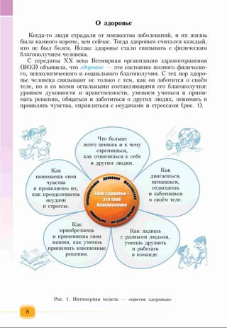 О здоровье
Когда-то люди страдали от множества заболеваний, и их жизнь
была намного короче, чем сейчас. Тогда здоровым считался каждый,
кто не был болен. Позже здоровье стали связывать с физическим
благополучием человека.
С середины XX века Всемирная организация здравоохранения
(ВОЗ) объявила, что здоровье — это состояние полного физическо­
го, психологического и социального благополучия. С тех пор здоро­
вье человека связывают не только с тем, как он заботится о своём
теле, но и со всеми остальными составляющими его благополучия:
уровнем духовности и нравственности, умением учиться и прини­
мать решения, общаться и заботиться о других людях, понимать и
проявлять чувства, справляться с неудачами и стрессами (рис. 1).
Что больше
всего ценишь и к чему
стремишься,
как относишься к себе
и другим людям.
Как
двигаешься,
питаешься.
отдыхаешь
и заботишься
о своем геле.
Как ладишь
с разными людьми,
умеешь дружить
и работать
в команде. г
Л
Как
понимаешь свои
чувства
и проявляешь их,
как преодолеваешь
неудачи
и стрессы.
Как
приобретаешь
и применяешь свои
знания, как умеешь
' принимать взвешенные
решения.
Рис. 1. Пятимерная модель — «цветок здоровья»
 
