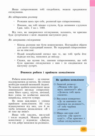 Якщо співрозмовник тобі сподобався, можеш продовжити
спілкування.
Як підтримати розмову
• Розкажи щось про себе, розпитай про співрозмовника.
• Покажи, що тобі цікаво слухати, будь активним слухачем
(див. табл. 7 на с. 110).
Від того, як завершилося спілкування, залежить, чи приємно
буде зустрічатися з цією людиною наступного разу.
Як завершити спілкування
• Кінець розмови має бути невимушеним. Постарайся обрати
для цього підходящий момент. Не переривай співрозмовни­
ка на півслові.
• Подай невербальний сигнал про те, що тобі треба йти:
відведи погляд, нахилися до виходу.
• Скажи, що мусиш іти, запевни співрозмовника, що тобі
було приємно спілкуватися з ним і ти сподіваєшся на
наступну зустріч.
Вчимося робити і приймати компліменти
Робити комплімент не означає
підлещуватися до когось. Це уміння
необхідне кожній вихованій людині.
Ти можеш зробити комплімент щодо
зовнішнього вигляду співрозмов­
ника (його одягу, взуття, зачіски),
його умінь чи особистих якостей,
наприклад, почуття гумору.
Не менш важливим є уміння
приймати компліменти. Не слід
відмахуватися від них, але й не
треба починати вихвалятися: «Я і
не таке ще вмію!»
Якщо тебе хвалять, вислухай
і тепло подякуй. Можеш зробити
комплімент у відповідь: «Дякую,
ти теж добре катаєшся на роликах».
Як зробити комплімент
О Запитай дозволу:
«Можна тебе про
щось запитати?» або:
«Дозволь тобі щось
сказати».
О Висловся конкретно:
«Де ти навчився так
кататися на роликах?»,
«У тебе чарівна
усмішка».
О Щиро вислови свої
почуття: «Це просто
клас!», «Так приємно з
тобою спілкуватися».
121
 