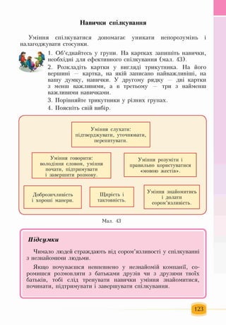 Навички спілкування
Уміння спілкуватися допомагає уникати непорозумінь і
налагоджувати стосунки.
1. Об’єднайтесь у групи. На картках запишіть навички,
необхідні для ефективного спілкування (мал. 43).
2. Розкладіть картки у вигляді трикутника. На його
вершині — картка, на якій записано найважливіші, на
вашу думку, навички. У другому рядку — дві картки
з менш важливими, а в третьому — три з найменш
важливими навичками.
3. Порівняйте трикутники у різних групах.
4. Поясніть свій вибір.
ґ 
Уміння слухати:
підтверджувати, уточнювати,
перепитувати.
Уміння говорити: Уміння розуміти і
володіння словом, уміння правильно користуватися
почати, підтримувати «мовою жестів».
і завершити розмову.
Доброзичливість Щирість і
і хороші манери. тактовність.
Мал. 43
Уміння знайомитись
і долати
сором ’язливість.
У
/ 
Підсумки
Чимало людей страждають від сором’язливості у спілкуванні
з незнайомими людьми.
Якщо почуваєшся невпевнено у незнайомій компанії, со­
ромишся розмовляти з батьками друзів чи з друзями твоїх
батьків, тобі слід тренувати навички уміння знайомитися,
починати, підтримувати і завершувати спілкування.
І ^
123
 