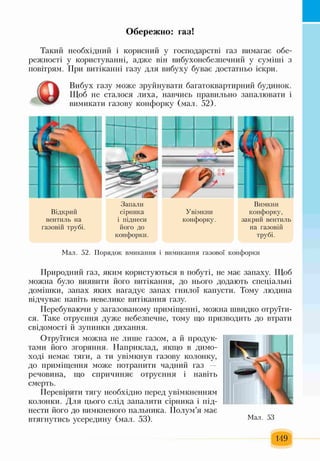 Обережно: газ!
Такий необхідний і корисний у господарстві газ вимагає обе­
режності у користуванні, адже він вибухонебезпечний у суміші з
повітрям. При витіканні газу для вибуху буває достатньо іскри.
Вибух газу може зруйнувати багатоквартирний будинок.
Щоб не сталося лиха, навчись правильно запалювати і
вимикати газову конфорку (мал. 52).
Відкрий
вентиль на
газовій трубі.
Запали
сірника
і піднеси
його до
конфорки.
Вимкни
Увімкни конфорку,
конфорку. закрий вентиль
на газовій
трубі.
Мал. 52. Порядок вмикання і вимикання газової конфорки
Природний газ, яким користуються в побуті, не має запаху. Щоб
можна було виявити його витікання, до нього додають спеціальні
домішки, запах яких нагадує запах гнилої капусти. Тому людина
відчуває навіть невелике витікання газу.
Перебуваючи у загазованому приміщенні, можна швидко отруїти­
ся. Таке отруєння дуже небезпечне, тому що призводить до втрати
свідомості й зупинки дихання.
Отруїтися можна не лише газом, а й продук­
тами його згоряння. Наприклад, якщо в димо­
ході немає тяги, а ти увімкнув газову колонку,
до приміщення може потрапити чадний газ —
речовина, що спричиняє отруєння і навіть
смерть.
Перевіряти тягу необхідно перед увімкненням
колонки. Для цього слід запалити сірника і під­
нести його до вимкненого пальника. Полум’я має
втягнутись усередину (мал. 53).
149
 