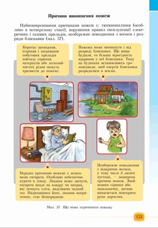 Причини виникнення пожеж
Найпоширенішими причинами пожеж є: тютюнопаління (особ­
ливо в нетверезому стані), порушення правил експлуатації елект­
ричних і газових приладів, необережне поводження з вогнем і роз­
ряди блискавки (мал. 57).
Коротке замикання, Пожежа може виникнути і від
іскріння і нагрівання розряду блискавки. Що вища
побутових приладів будівля, то більша вірогідність
поблизу горючих вдаряння у неї блискавки. Тому
матеріалів або легкозай­ на будинках встановлюють гро­
мистих рідин можуть мовідводи, щоб енергія блискавки
призвести до пожежі. розрядилася в землю.
Нерідко причиною пожежі є незага-
шена сигарета. Особливо небезпечно
курити в ліжку. Людина може заснути,
сигарета впаде на ковдру чи матрац,
які почнуть тліти, виділяючи чадний
газ. Надихавшись його, людина непри­
томніє, стає безпорадною.
Необережне поводження
з відкритим вогнем,
у тому числі й дитячі
пустощі, — поширена
причина пожеж. Знай­
шовши сірники або
запальничку, дитина
намагається повторити
рухи дорослих.
Мал. 57. Що може спричинити пожежу
153
 