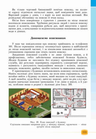 Як тільки черговий (віниковий) помічав пожежу, на калан­
чі одразу піднімали сигнальні знаки, щоб повідомити інші депо.
Вартовий ударяв у дзвін, і з воріт на коні вилітав вістовий. Він
розвідував обстановку на пожежі й мчав назад.
Після його повернення з гуркотом і дзвоном на місце пожежі
поспішали пожежники. Трубники рятували людей і гасили пожежу
водою зі шлангів, сокирники рубали дах, щоб випустити з примі­
щення дим, а качальники та водопостачальники поповнювали запаси
води в діжках.
Допомагаємо пожежникам
У наш час повідомлення про пожежу приймають за телефоном
101. Після отримання сигналу оголошується тривога в найближчій
до місця пожежній частині, і за півхвилини пожежні автомобілі з
увімкненими сиренами вже мчать гасити пожежу.
Завданням пожежної служби є не лише гасіння пожеж, а й
профілактика, тобто забезпечення пожежної безпеки будівель.
Жоден будинок не заселяють без підпису працівників пожежної
служби, які ретельно перевіряють справність електричної мережі,
наявність і доступність евакуаційних виходів і шляхів, запасних
виходів, пожежних драбин, засобів гасіння та виявлення пожежі.
У приміщеннях і будинках встановлюють пожежну сигналізацію.
Навіть маленькі діти мають знати, що коли вона спрацювала, треба
негайно вийти з будинку шляхом, який вказано на плані евакуації.
А щоб засвоїти, куди бігти у випадку пожежі, двічі на рік слід про­
водити навчальні пожежні тренування. І не лише в школі, а й удо­
ма, особливо якщо в родині є маленькі діти (мал. 59).
Мал. 59. План евакуації з будинку.
Стрілками показано напрямки руху у випадку пожежі, кружечком — місце
зустрічі після евакуації
155
 