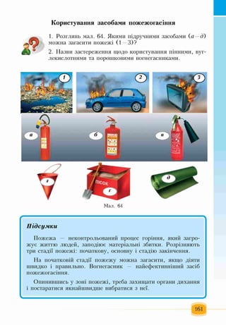 Користування засобами пожежогасіння
1. Розглянь мал. 64. Якими підручними засобами (а —д)
можна загасити пожежі (1 —3)?
2. Назви застереження щодо користування пінними, вуг­
лекислотними та порошковими вогнегасниками.
* '
Підсумки
Пожежа — неконтрольований процес горіння, який загро­
жує життю людей, заподіює матеріальні збитки. Розрізняють
три стадії пожежі: початкову, основну і стадію закінчення.
На початковій стадії пожежу можна загасити, якщо діяти
швидко і правильно. Вогнегасник — найефективніший засіб
пожежогасіння.
Опинившись у зоні пожежі, треба захищати органи дихання
і постаратися якнайшвидше вибратися з неї.
-
161
 
