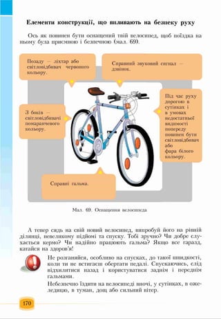 Елементи конструкції, що впливають на безпеку руху
Ось як повинен бути оснащений твій велосипед, щоб поїздка на
ньому була приємною і безпечною (мал. 69).
Позаду ліхтар або
світловідбивач червоного
кольору.
Справний звуковий сигнал -
дзвінок.
Справні гальма.
З боків —
світловідбивачі
помаранчевого
кольору.
Під час руху
дорогою в
сутінках і
в умовах
недостатньої
видимості
попереду
повинен бути
світловідбивач
або
фара білого
кольору.
ч
Мал. 69. Оснащення велосипеда
А тепер сядь на свій новий велосипед, випробуй його на рівній
ділянці, невеликому підйомі та спуску. Тобі зручно? Чи добре слу­
хається кермо? Чи надійно працюють гальма? Якщо все гаразд,
катайся на здоров’я!
©
Не розганяйся, особливо на спусках, до такої швидкості,
коли ти не встигаєш обертати педалі. Спускаючись, слід
відхилитися назад і користуватися заднім і переднім
гальмами.
Небезпечно їздити на велосипеді вночі, у сутінках, в оже­
ледицю, в туман, дощ або сильний вітер.
170
 