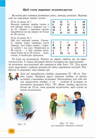 Щ об стати вправним велосипедистом
Велосипедист повинен розвивати
себе на наведених нижче тестах.
Тест на увагу № 1
Я ком ога ш видш е зн а й д и очи м а в
ц ій табл и ц і ч и сл а у п ор я дк у в ід 1
до 2 5 . Л ю д и н і з хор ош ою увагою
зн адоби ть ся на цю вправу не більш
як ЗО сек ун д.
Тест на увагу № 2
Ц ей тест виконай інакш е. С почат­
ку зн а й д и ч ор н у оди н и ц ю , потім
червону, д а л і ч ор н у д в ій к у і ч ер в о­
н у д в ій к у і так д а л і. В п ор аєш ся за
4 0 сек у н д — у теб е хор ош а увага,
якщ о біл ьш як за 5 0 сек у н д — н ед о ­
статня, її н е о б х ід н о трен увати.
увагу, швидку реакцію. Перевір
21 12 7 1 20
6 15 17 3 18
19 4 8 25 13
24 2 22 10 5
9 14 11 23 16
5 3 7 12 7
6 1 10 9 6
11 9 8 10 2
8 2 1 3 5
4 13 11 12 4
Ти їдеш на велосипеді. Раптом на дорогу вибігає кіт чи вико­
чується м’яч. У таких ситуаціях багато залежить від твоєї реакції
чи встигнеш загальмувати або повернути вбік (мал. 71). Для водія
дуже важливою є швидка реакція на зміну дорожньої ситуації. Роз­
винути її допоможе така цікава гра.
Для неї знадобиться лінійка завдовжки 25 ЗО см. Гра­
ють удвох. Попроси друга тримати лінійку за кінець
великим і вказівним пальцями. Несподівано для тебе він
має відпустити лінійку, а ти — зловити її великим та
вказівним пальцями (мал. 72). Якщо лінійка пролетіла
більш як 13 см, твоя реакція недостатня, щоб сідати за
кермо велосипеда.
Мал. 71 Мал. 72. Тест
для перевірки швидкості реакції
172
 