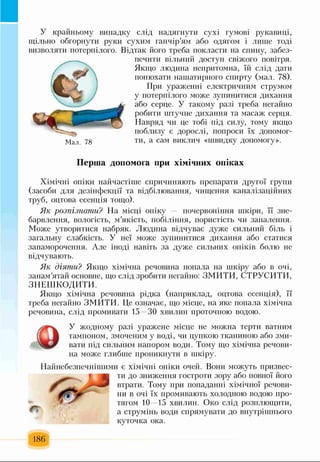 У крайньому випадку слід надягнути сухі гумові рукавиці,
щільно обгорнути руки сухим ганчір’ям або одягом і лише тоді
визволяти потерпілого. Відтак його треба покласти на спину, забез­
печити вільний доступ свіжого повітря.
Якщо людина непритомна, їй слід дати
понюхати нашатирного спирту (мал. 78).
При ураженні електричним струмом
у потерпілого може зупинитися дихання
або серце. У такому разі треба негайно
робити штучне дихання та масаж серця.
Навряд чи це тобі під силу, тому якщо
поблизу є дорослі, попроси їх допомог­
ти, а сам виклич «швидку допомогу».
Перша допомога при хімічних опіках
Хімічні опіки найчастіше спричиняють препарати другої групи
(засоби для дезінфекції та відбілювання, чищення каналізаційних
труб, оцтова есенція тощо).
Як розпізнати? На місці опіку — почервоніння шкіри, її зне­
барвлення, вологість, м’якість, побіління, пористість чи запалення.
Може утворитися набряк. Людина відчуває дуже сильний біль і
загальну слабкість. У неї може зупинитися дихання або статися
запаморочення. Але іноді навіть за дуже сильних опіків болю не
відчувають.
Як діяти? Якщо хімічна речовина попала на шкіру або в очі,
запам’ятай основне, що слід зробити негайно: ЗМИТИ, СТРУСИТИ,
ЗНЕШКОДИТИ.
Якщо хімічна речовина рідка (наприклад, оцтова есенція), її
треба негайно ЗМИТИ. Це означає, що місце, на яке попала хімічна
речовина, слід промивати 15—ЗО хвилин проточною водою.
У жодному разі уражене місце не можна терти ватним
тампоном, змоченим у воді, чи цупкою тканиною або зми­
вати під сильним напором води. Тому що хімічна речови­
на може глибше проникнути в шкіру.
Найнебезпечнішими є хімічні опіки очей. Вони можуть призвес­
ти до зниження гостроти зору або повної його
втрати. Тому при попаданні хімічної речови­
ни в очі їх промивають холодною водою про­
тягом 10—15 хвилин. Око слід розплющити,
а струмінь води спрямувати до внутрішнього
куточка ока.
186
Мал. 78
 