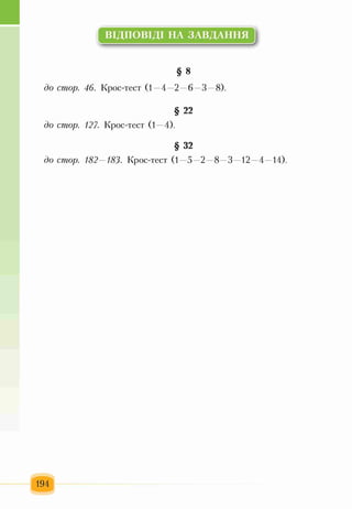 ВІДПОВІДІ НА ЗАВДАННЯ
!)
§ 8
до стор. 46. Крос-тест (1—4—2—6—3—8).
§ 22
до стор. 127. Крос-тест (1—4).
§ 32
до стор. 182—183. Крос-тест (1—5—2—8—3—12—4—14).
194
 