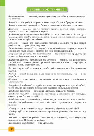 СЛОВНИЧОК ТЕРМІНІВ
І
Акліматизація п р и стосув ан н я ор га н ізм у до зм ін у н ав к оли ш н ьом у
середови щ і.
Безпека — в ід сутн ість за гр о зи ж и ттю , зд о р о в ’ю чи д о б р о б у т у л ю ди н и .
Безпека життєдіяльності — безп ек а, п ов’я зан а з д ія л ь н іст ю л ю ди н и .
Довкілля — усе, щ о оточ ує л ю ди н у: ґр ун ти , повітря, вода, р осл и н и ,
тварини, л ю ди і те, щ о вони створил и.
Дорожньо-транспортна пригода (ДТП) — п о д ія , щ о стал ася п ід ч ас р у х у
тр ан спортн ого засобу, в н асл ідок я к о ї за ги н у л и або за зн а л и поран ень л ю д и
чи за п о д ія н о м атеріальн і зби тк и .
Екологія — наук а про взаєм овп ли в л ю д и н и і д о в к іл л я та п р о за са д и
р ац іон ал ьн ого п ри родок ор и стуван н я .
Екстремальні ситуації — си т у а ц ії, в я к и х н еб езп ек а за г р о ж у є ок р ем ій
л ю д и н і або гр уп і л ю дей і вим агає в ід н и х н ев ід к л а д н и х д ій .
Енергетична цінність або калорійність — хар ак тери сти к а п р одук ту, щ о
в к азує на його ен ер гети ч н і власти вості.
Життєві навички, сприятливі для здоров’я — у м ін н я , щ о доп ом агаю ть
л ю д и н і адап тув ати ся, дол ати тр удн ощ і щ оден н ого ж и ття і п ідтри м ув ати
високий р ів ен ь бл агоп ол уч ч я .
Засоби комунікації — т ех н іч н і засоби , я к і доп ом агаю ть сп іл к увати ся на
в ід стан і.
Звичка — сп осіб п ов ед ін к и , к ол и л ю д и н а не зам и сл ю єть ся , Ч О М У вона
це робить.
Здоров’я — стан повного ф ізи ч н о го , п си хол огіч н ого і соц іал ь н ого
бл агоп ол уч ч я .
Комунікації побутові — труби водогону, тепл отраси , ел ек тр и ч н і к абел і,
тобто все, щ о за б езп еч у є м еш к анц ям буди н к ів к ом ун ал ьн і вигоди.
Конфлікт інтересів — зітк н ен н я ін т ер есів , п отр еб чи баж ан ь.
Конфлікт поглядів — зітк ненн я, сп ри ч и н ен е р о зб іж н о ст я м и у п огл я дах,
см ак ах, у п о д о б а н н я х л ю дей .
Конфліктогени слова або д ії, як і провокую ть чи р озп ал ю ю ть кон ф л ікт.
Кримінальні небезпеки — за гр о зи соц іал ь н ого середови щ а, як і караю ться
законом .
Маневр — зм ін а н ап р ям к у р у х у тр ан сп ор ту в ід н осн о ось ов ої л ін ії.
Маніпуляції нам аган ня зм уси ти п ри й н яти р іш ен н я обм ан ом чи п ід
тиском .
Навички здатн ість р оби ти щ ось м ай ж е автом атично, коли л ю ди н а не
зам и сл ю ється , Я К вона це робить.
Навколишнє середовище — ди в. Довкілля.
196
 