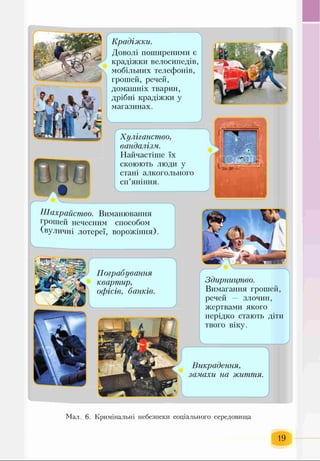 Викрадення,
замахи на життя.
------------------------------ ' Ш
ґ
Хуліганство,
вандалізм.
Найчастіше їх
скоюють люди у
стані алкогольного
сп’яніння.
ч_____________________У
Шахрайство. Виманюван11я
грошей нечесним способом
(вуличні лотереї, ворожіння).
'............ ...... ... 
Пограбування
квартир,
офісів, банків.
______________________)
Л
Здирництво.
Вимагання грошей,
речей - злочин,
жертвами якого
нерідко стають діти
твого віку.
ґ 
Крадіжки.
Доволі поширеними є
крадіжки велосипедів,
мобільних телефонів,
грошей, речей,
домашніх тварин,
дрібні крадіжки у
магазинах.
Мал. 6. Кримінальні небезпеки соціального середовища
 