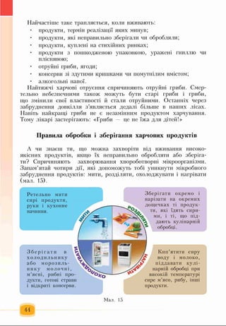 Найчастіше таке трапляється, коли вживають:
• продукти, термін реалізації яких минув;
• продукти, які неправильно зберігали чи обробляли;
• продукти, куплені на стихійних ринках;
• продукти з пошкодженою упаковкою, уражені гниллю чи
пліснявою;
• отруйні гриби, ягоди;
• консерви зі здутими кришками чи помутнілим вмістом;
• алкогольні напої.
Найтяжчі харчові отруєння спричиняють отруйні гриби. Смер­
тельно небезпечними також можуть бути старі гриби і гриби,
що змінили свої властивості й стали отруйними. Останніх через
забруднення довкілля з’являється дедалі більше в наших лісах.
Навіть найкращі гриби не є незамінним продуктом харчування.
Тому лікарі застерігають: «Гриби — це не їжа для дітей!»
Правила обробки і зберігання харчових продуктів
А чи знаєш ти, що можна захворіти від вживання високо­
якісних продуктів, якщо їх неправильно обробляти або зберіга­
ти? Спричиняють захворювання хвороботворні мікроорганізми.
Запам’ятай чотири дії, які допоможуть тобі уникнути мікробного
забруднення продуктів: мити, розділяти, охолоджувати і нагрівати
(мал. 15).
л
Ч
л
Р етельн о мити
сирі продукти,
руки і кухонне
начиння.
Зберігати окремо і
нарізати на окремих
дощечках ті продук­
ти, які їдять сири­
ми, і ті, що під­
дають кулінарній
обробці.
З б е р іг а т и в
х о л о д и льн и ку
а бо мор оз 11ль
н и к у мол о ч н і ,
м’ясні, рибні про­
дукти, готові страви
і відкриті консерви.
Кип’ятити сиру
воду і молоко,
піддавати кулі­
нарній обробці при
високій температурі
сире м’ясо, рибу, інші
продукти.
т
44
Мал. 15
 