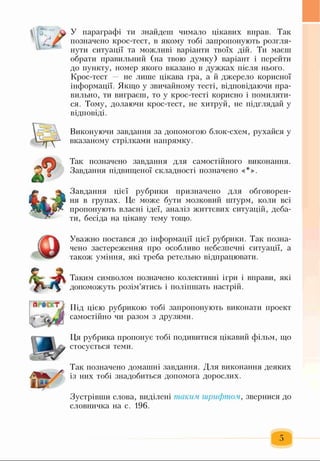 У параграфі ти знайдеш чимало цікавих вправ. Так
позначено крос-тест, в якому тобі запропонують розгля­
нути ситуації та можливі варіанти твоїх дій. Ти маєш
обрати правильний (на твою думку) варіант і перейти
до пункту, номер якого вказано в дужках після нього.
Крос-тест не лише цікава гра, а й джерело корисної
інформації. Якщо у звичайному тесті, відповідаючи пра­
вильно, ти виграєш, то у крос-тесті корисно і помиляти­
ся. Тому, долаючи крос-тест, не хитруй, не підглядай у
відповіді.
Виконуючи завдання за допомогою блок-схем, рухайся у
вказаному стрілками напрямку.
Так позначено завдання для самостійного виконання.
Завдання підвищеної складності позначено «*>>.
Завдання цієї рубрики призначено для обговорен­
ня в групах. Це може бути мозковий штурм, коли всі
пропонують власні ідеї, аналіз життєвих ситуацій, деба­
ти, бесіда на цікаву тему тощо.
Уважно постався до інформації цієї рубрики. Так позна­
чено застереження про особливо небезпечні ситуації, а
також уміння, які треба ретельно відпрацювати.
Таким символом позначено колективні ігри і вправи, які
допоможуть розім’ятись і поліпшать настрій.
Під цією рубрикою тобі запропонують виконати проект
самостійно чи разом з друзями.
Ця рубрика пропонує тобі подивитися цікавий фільм, що
стосується теми.
Так позначено домашні завдання. Для виконання деяких
із них тобі знадобиться допомога дорослих.
Зустрівши слова, виділені таким шрифтом, звернися до
словничка на с. 196.
 