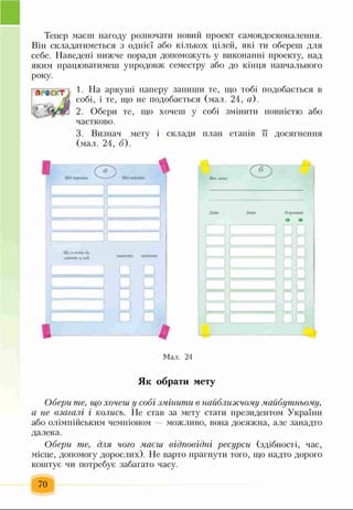 Тепер маєш нагоду розпочати новий проект самовдосконалення.
Він складатиметься з однієї або кількох цілей, які ти обереш для
себе. Наведені нижче поради допоможуть у виконанні проекту, над
яким працюватимеш упродовж семестру або до кінця навчального
року.
1. На аркуші паперу запиши те, що тобі подобається в
собі, і те, що не подобається (мал. 24, а).
2. Обери те, що хочеш у собі змінити повністю або
частково.
3. Визнач мету і склади план етапів її досягнення
(мал. 24, б).
1 О і
Мої пгрміля- х ----------- ' М ої и м Ь гіп
Т " Т І |
® 1
Лпкм Галії Г У іуіи ш а
О О
П □ □
}Ц.;V лгіґтті1Л ( ї м « ™ *
і п и
І і
Мал. 24
Як обрати мету
Обери те, що хочеш у собі змінити в найближчому майбутньому,
а не взагалі і колись. Не став за мету стати президентом України
або олімпійським чемпіоном можливо, вона досяжна, але занадто
далека.
Обери те, для чого маєш відповідні ресурси (здібності, час,
місце, допомогу дорослих). Не варто прагнути того, що надто дорого
коштує чи потребує забагато часу.
70
 