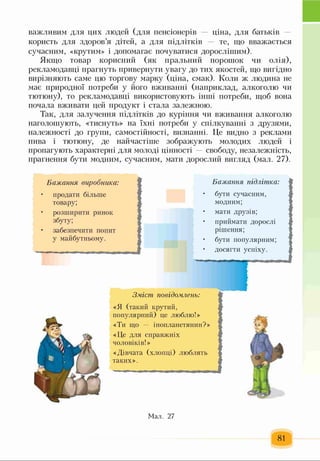 важливим для цих людей (для пенсіонерів — ціна, для батьків -
користь для здоров’я дітей, а для підлітків — те, що вважається
сучасним, «крутим» і допомагає почуватися дорослішим).
Якщо товар корисний (як пральний порошок чи олія),
рекламодавці прагнуть привернути увагу до тих якостей, що вигідно
вирізняють саме цю торгову марку (ціна, смак). Коли ж людина не
має природної потреби у його вживанні (наприклад, алкоголю чи
тютюну), то рекламодавці використовують інші потреби, щоб вона
почала вживати цей продукт і стала залежною.
Так, для залучення підлітків до куріння чи вживання алкоголю
наголошують, «тиснуть» на їхні потреби у спілкуванні з друзями,
належності до групи, самостійності, визнанні. Це видно з реклами
пива і тютюну, де найчастіше зображують молодих людей і
пропагують характерні для молоді цінності — свободу, незалежність,
прагнення бути модним, сучасним, мати дорослий вигляд (мал. 27).
Бажання виробника:
продати більше
товару;
розширити ринок
збуту;
забезпечити попит
у майбутньому.
Зміст повідомлень:
«Я (такий крутий,
популярний) це люблю!»
«Ти що — інопланетянин?»
«Це для справжніх
чоловіків!»
«Дівчата (хлопці) люблять
таких».
Бажання підлітка:
бути сучасним,
модним;
мати друзів;
приймати дорослі
рішення;
бути популярним;
досягти успіху.
І
Мал. 27
81
 