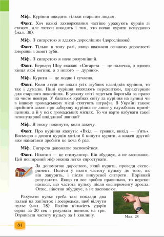 Міф. Куріння шкодить тільки старшим людям.
Факт. Хоч важкі захворювання частіше уражують курців зі
стажем, але тютюн шкодить і тим, хто почав курити нещодавно
(мал. ЗО).
Міф. З сигаретою я здаюсь дорослішим (дорослішою).
Факт. Тільки в тому разі, якщо вважаєш ознакою дорослості
зморшки і жовті зуби.
Міф. З сигаретою я наче розумніший.
Факт. Бернард Шоу сказав: «Сигарета це паличка, з одного
кінця якої вогник, а з іншого — дурник».
Міф. Курити — це модно і сучасно.
Факт. Коли люди не знали усіх згубних наслідків куріння, то
так і думали. Нині куріння вважають пережитком, характерним
для старшого покоління. В усьому світі ведеться боротьба за право
на чисте повітря. У багатьох країнах світу за куріння на вулиці чи
в іншому громадському місці стягують штрафи. В Україні також
прийнято закон про заборону куріння не лише у службових примі­
щеннях, а й у всіх громадських місцях. То чи варто набувати такої
непопулярної шкідливої звички?
Міф. Я можу покинути, коли захочу.
Факт. Про куріння кажуть: «Вхід гривня, вихід п’ять».
Восьмеро з десяти курців хотіли б кинути курити, а кожен другий
вже намагався зробити це хоча б раз.
Міф. Сигарета допомагає заспокоїтися.
Факт. Нікотин це стимулятор. Він збуджує, а не заспокоює.
Цей поширений міф можна легко спростувати.
ш
За допомогою дорослого, який курить, проведи експе­
римент. Полічи у нього частоту пульсу до того, як
він закурить, і після викуреної сигарети. Порівняй
результати. Якщо ти все зробив правильно, то переко­
наєшся, що частота пульсу після експерименту зросла.
Отже, нікотин збуджує, а не заспокоює.
Рахувати пульс треба так: поклади два
пальці на зап’ясток і зосередься, щоб відчути
пульс (мал. 28). Полічи кількість ударів
серця за 20 сек і результат помнож на три.
Отримаєш частоту пульсу за 1 хвилину. Мал. 28
84
 