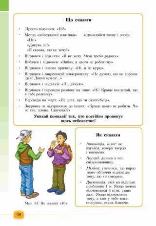 Що сказати
"
• Просто відмовся: «Ні!»
• Метод «заїждженої платівки» — відмовляйся знову і знову:
«Ні!»
«Дякую, ні!»
«Я сказав, що не хочу!»
• Відмовся і йди геть: «Я не хочу. Мені треба додому».
• Вибачся і відмовся: «Вибач, я цього не робитиму».
• Відмовся і поясни причину: «Ні, я не курю».
• Відмовся і запропонуй альтернативу: «Не думаю, що це хороша
ідея! Давай краще...»
• Відмовся і подякуй: «Ні, дякую».
• Відмовся і переведи розмову на інше: «Ні! Краще послухай, що
я тобі розкажу».
• Переведи на жарт: «Не знав, що ти самогубець».
• Звернись за підтримкою до інших: «Краще цього не робити. Чи
не так, хлопці (дівчата)?»
Уникай компанії тих, хто постійно пропонує
щось небезпечне!
ч_____________________________ ________________________________ ^
Мал. 34. Як сказати «Ні»
98
'----------------------------------------------- 
Як сказати
• Інтонація, голос: не
вагайся, говори твердо
і впевнено.
• Погляд: дивись в очі
співрозмовнику.
• М ім іка: упевнись, що вираз
твого обличчя відповідає
тому, що ти говориш.
• Дистанція-, стій на відстані
приблизно 1 м. Якщо хочеш
відмовитися й піти, стань
далі. Якщо відмовляєш
тому, з ким у тебе теплі
стосунки, стань ближче.
 
