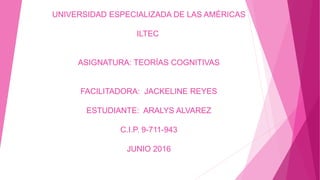 UNIVERSIDAD ESPECIALIZADA DE LAS AMÉRICAS
ILTEC
ASIGNATURA: TEORÍAS COGNITIVAS
FACILITADORA: JACKELINE REYES
ESTUDIANTE: ARALYS ALVAREZ
C.I.P. 9-711-943
JUNIO 2016
 