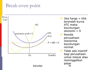 Break-even point

                           Jika harga = titik
                            terendah kurva
                            ATC maka
                            keuntungan
                            ekonomi = 0
                           Pemilik
                            perusahaan
                            menerima
                            keuntungan
                            normal
                           Tidak ada insentif
                            bagi perusahaan
                            untuk masuk atau
                            meninggalkan
                            pasar
            ika/unika          15
 