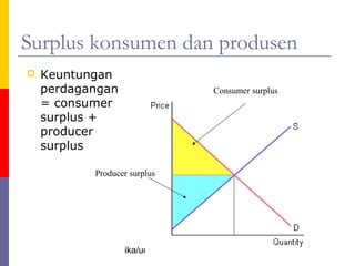Surplus konsumen dan produsen
   Keuntungan
    perdagangan               Consumer surplus
    = consumer
    surplus +
    producer
    surplus

           Producer surplus




                  ika/unika              22
 