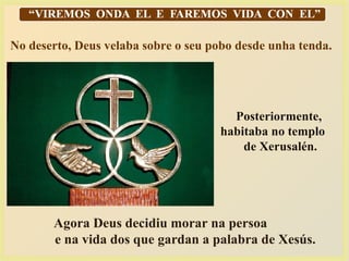 Agora Deus decidiu morar na persoa
e na vida dos que gardan a palabra de Xesús.
Posteriormente,
habitaba no templo
de Xerusalén.
No deserto, Deus velaba sobre o seu pobo desde unha tenda.
 