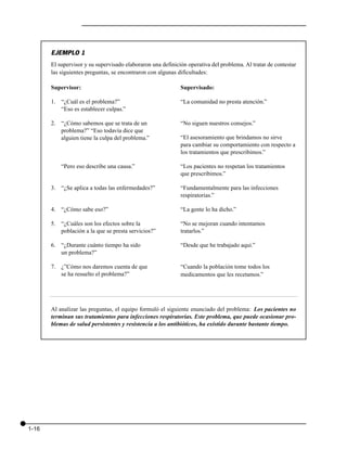 EJEMPLO 1
       El supervisor y su supervisado elaboraron una definición operativa del problema. Al tratar de contestar
       las siguientes preguntas, se encontraron con algunas dificultades:

       Supervisor:                                           Supervisado:

       1. “¿Cuál es el problema?”                            “La comunidad no presta atención.”
          “Eso es establecer culpas.”

       2. “¿Cómo sabemos que se trata de un                  “No siguen nuestros consejos.”
          problema?” “Eso todavía dice que
          alguien tiene la culpa del problema.”              “El asesoramiento que brindamos no sirve
                                                             para cambiar su comportamiento con respecto a
                                                             los tratamientos que prescribimos.”

           “Pero eso describe una causa.”                    “Los pacientes no respetan los tratamientos
                                                             que prescribimos.”

       3. “¿Se aplica a todas las enfermedades?”             “Fundamentalmente para las infecciones
                                                             respiratorias.”

       4. “¿Cómo sabe eso?”                                  “La gente lo ha dicho.”

       5. “¿Cuáles son los efectos sobre la                  “No se mejoran cuando intentamos
          población a la que se presta servicios?”           tratarlos.”

       6. “¿Durante cuánto tiempo ha sido                    “Desde que he trabajado aquí.”
          un problema?”

       7. ¿”Cómo nos daremos cuenta de que                   “Cuando la población tome todos los
          se ha resuelto el problema?”                       medicamentos que les recetamos.”




       Al analizar las preguntas, el equipo formuló el siguiente enunciado del problema: Los pacientes no
       terminan sus tratamientos para infecciones respiratorias. Este problema, que puede ocasionar pro-
       blemas de salud persistentes y resistencia a los antibióticos, ha existido durante bastante tiempo.




1-16
 